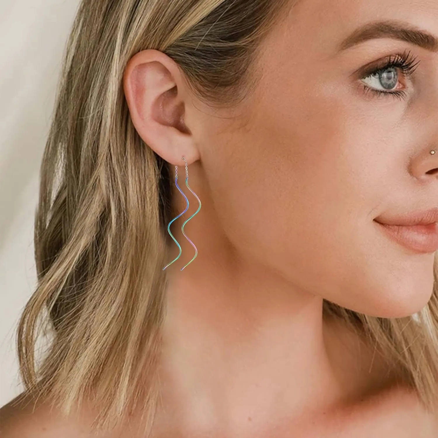 Spiral Threader Earrings, 18G Hypoallergenic 316L Stainless Steel Drop Dangle Handmade Twisted Linear Curved Dangling Minimal Earrings for Sensitive Ear