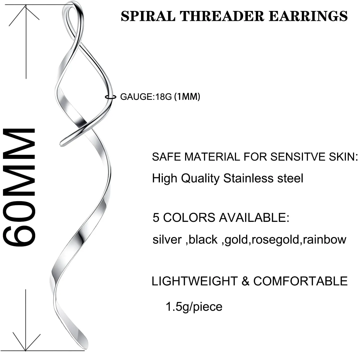 Spiral Threader Earrings, 18G Hypoallergenic 316L Stainless Steel Drop Dangle Handmade Twisted Linear Curved Dangling Minimal Earrings for Sensitive Ear