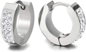 Stainless Steel Men's Women's Silver Huggie Hoop Diamond Earrings
