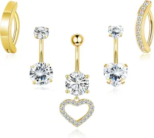 Staligue 5Pcs Surgical Steel Belly Rings  Clicker Navel Jewelry with CZ Heart Dangle for Women (16G, Golden)
