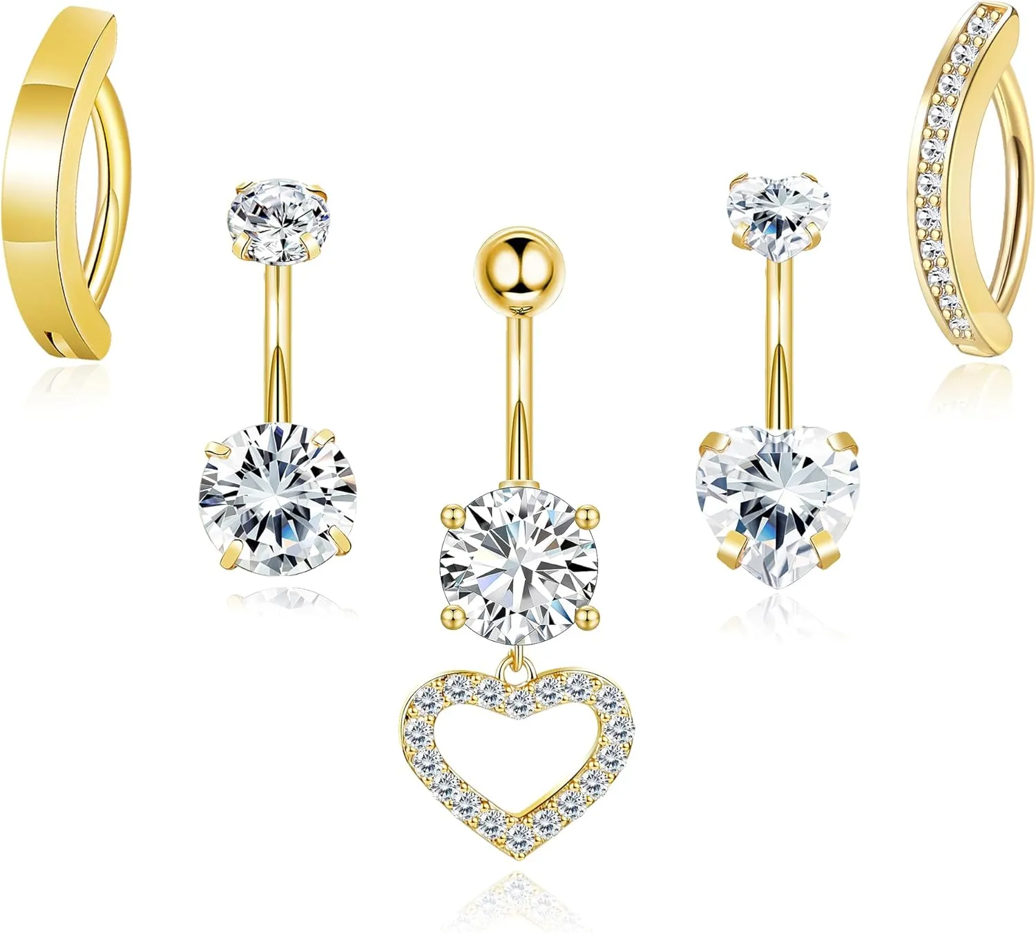 Staligue 5Pcs Surgical Steel Belly Rings  Clicker Navel Jewelry with CZ Heart Dangle for Women (16G, Golden)