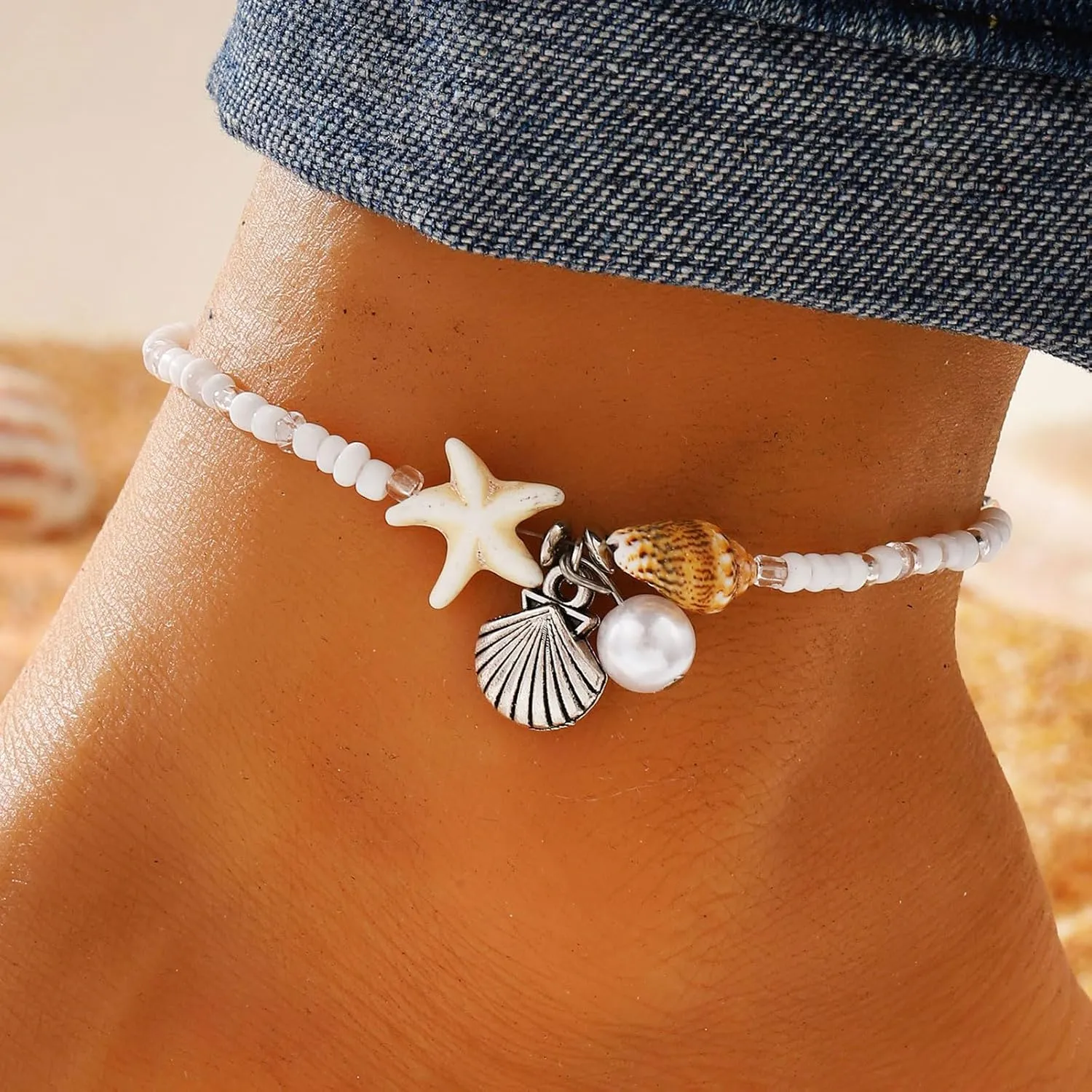 Starfish Beach Anklets for Women Adjustable Boho Conch Pearl Anklets Summer Beach Party Jewelry