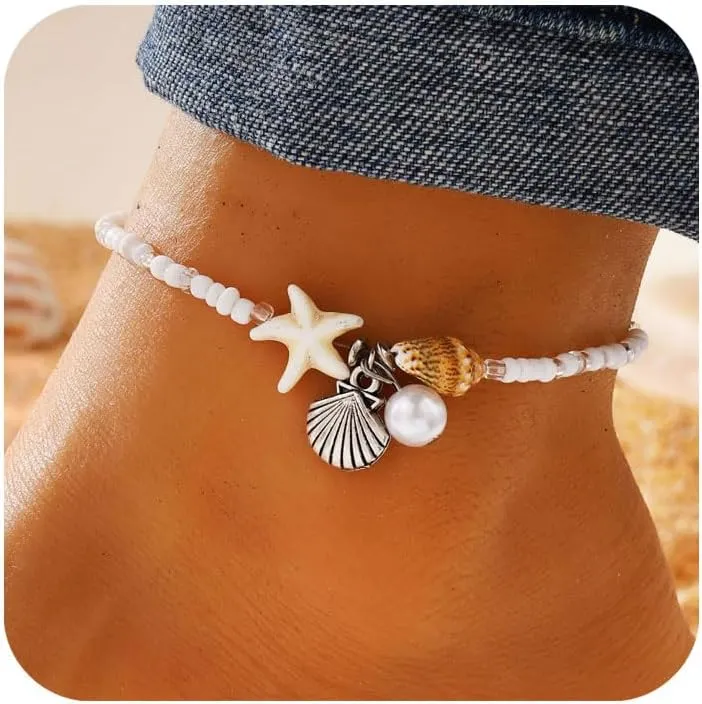 Starfish Beach Anklets for Women Adjustable Boho Conch Pearl Anklets Summer Beach Party Jewelry