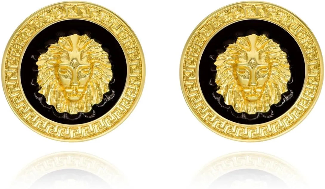 Statement Black Gold Lion Head Carved Ear Stud Earrings,Animal Theme Disc Round Circle Earrings,Luxury Large Fashion Vintage Unique Jewelry for Women