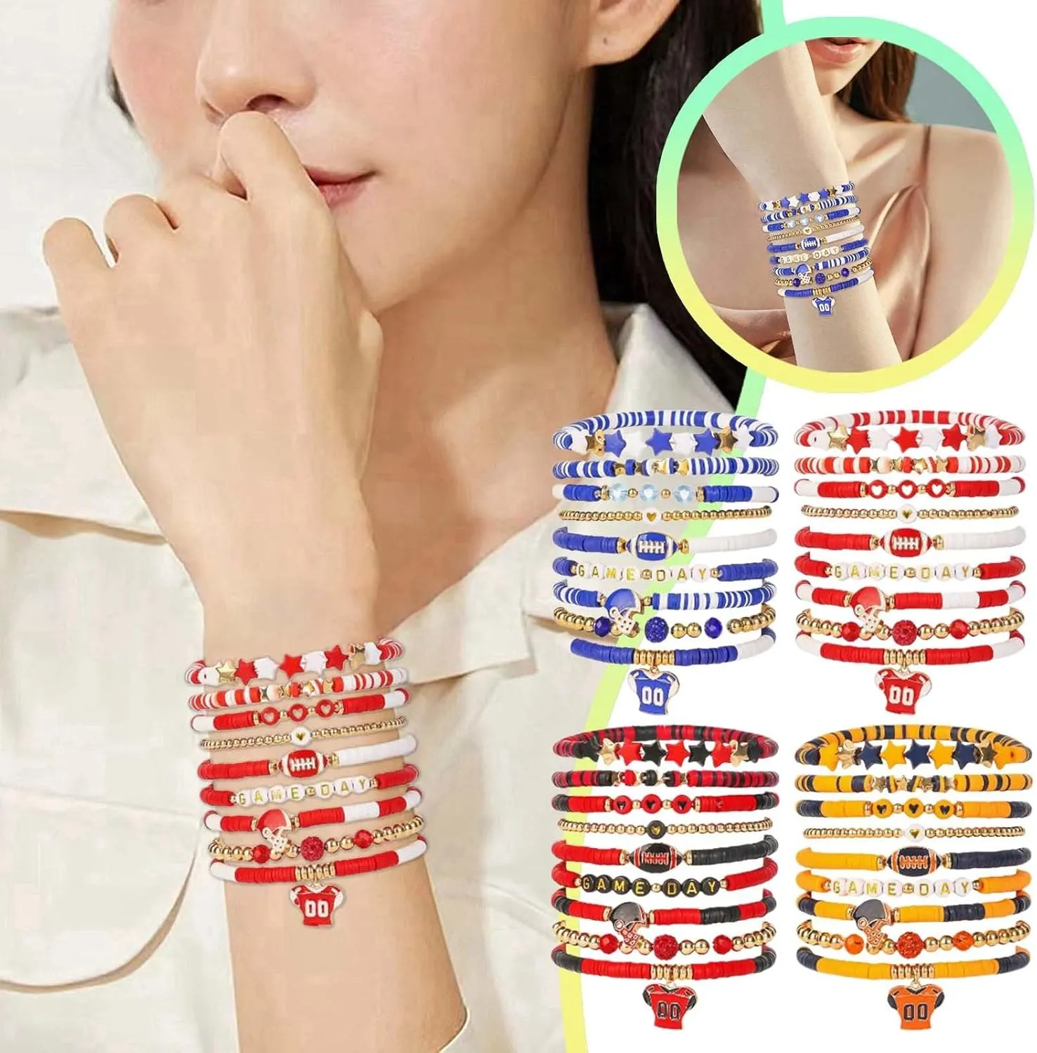 Sterling Silver Bracelets for Women Game Day Bracelets for Women Football Bracelets Red Black Blue Clay Beaded Stretch Bracelets Stackable Sports Football Charm Bracelet Bangles Accessories Outfits