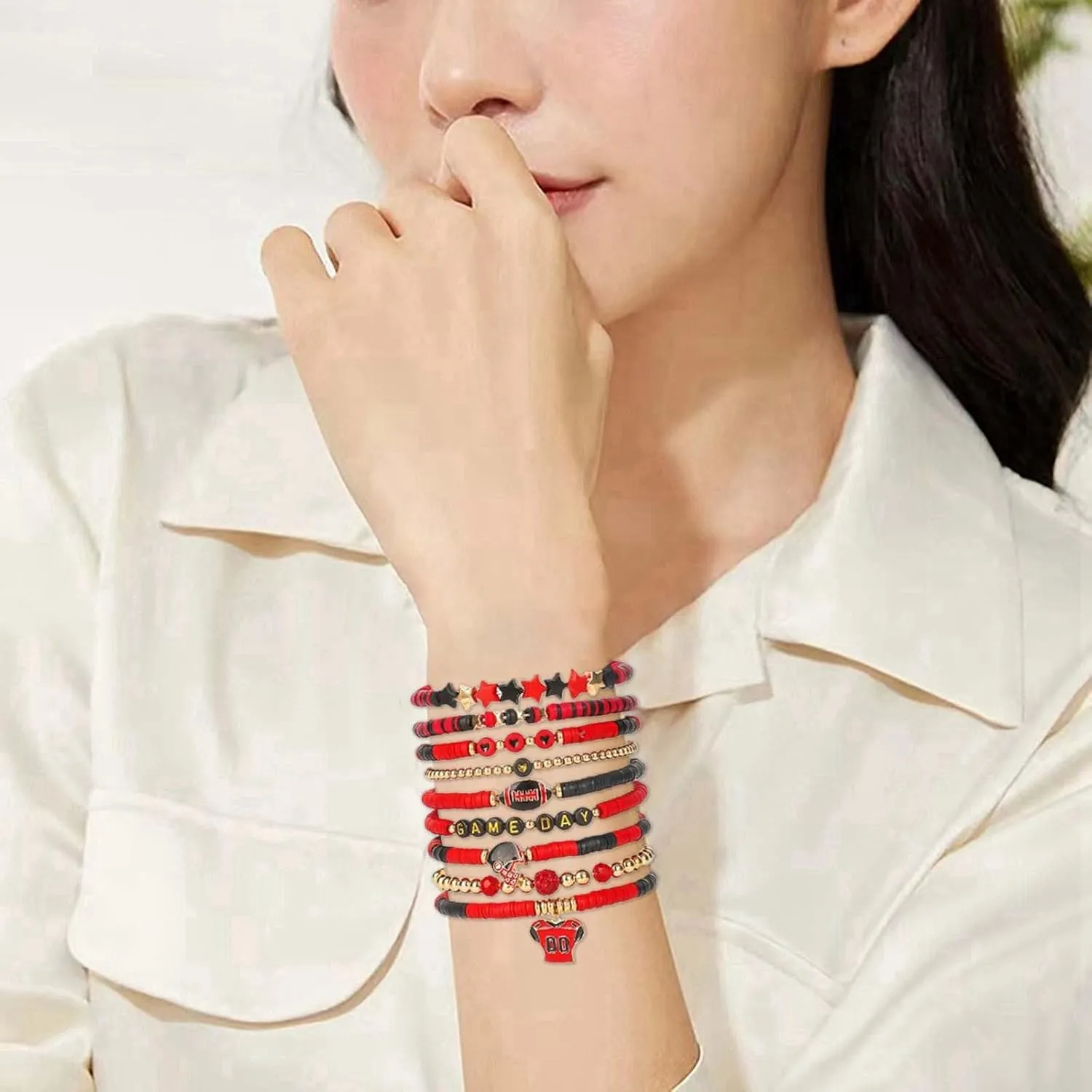 Sterling Silver Bracelets for Women Game Day Bracelets for Women Football Bracelets Red Black Blue Clay Beaded Stretch Bracelets Stackable Sports Football Charm Bracelet Bangles Accessories Outfits