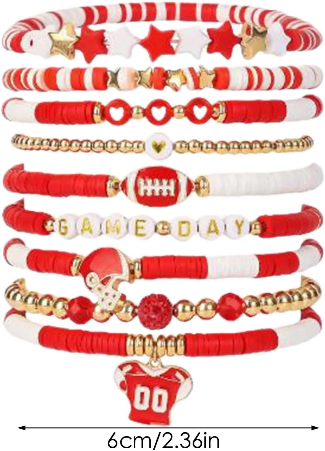 Sterling Silver Bracelets for Women Game Day Bracelets for Women Football Bracelets Red Black Blue Clay Beaded Stretch Bracelets Stackable Sports Football Charm Bracelet Bangles Accessories Outfits