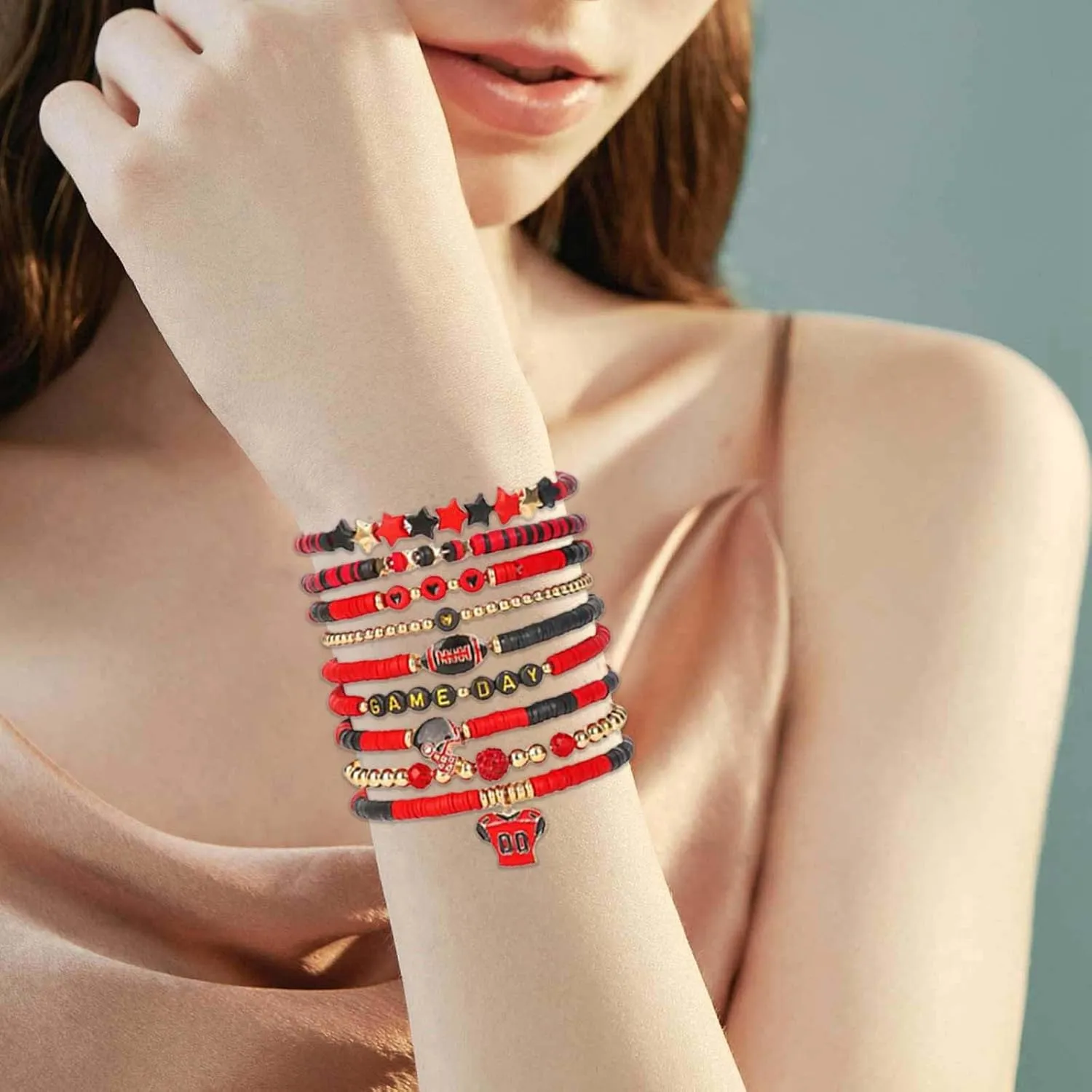Sterling Silver Bracelets for Women Game Day Bracelets for Women Football Bracelets Red Black Blue Clay Beaded Stretch Bracelets Stackable Sports Football Charm Bracelet Bangles Accessories Outfits