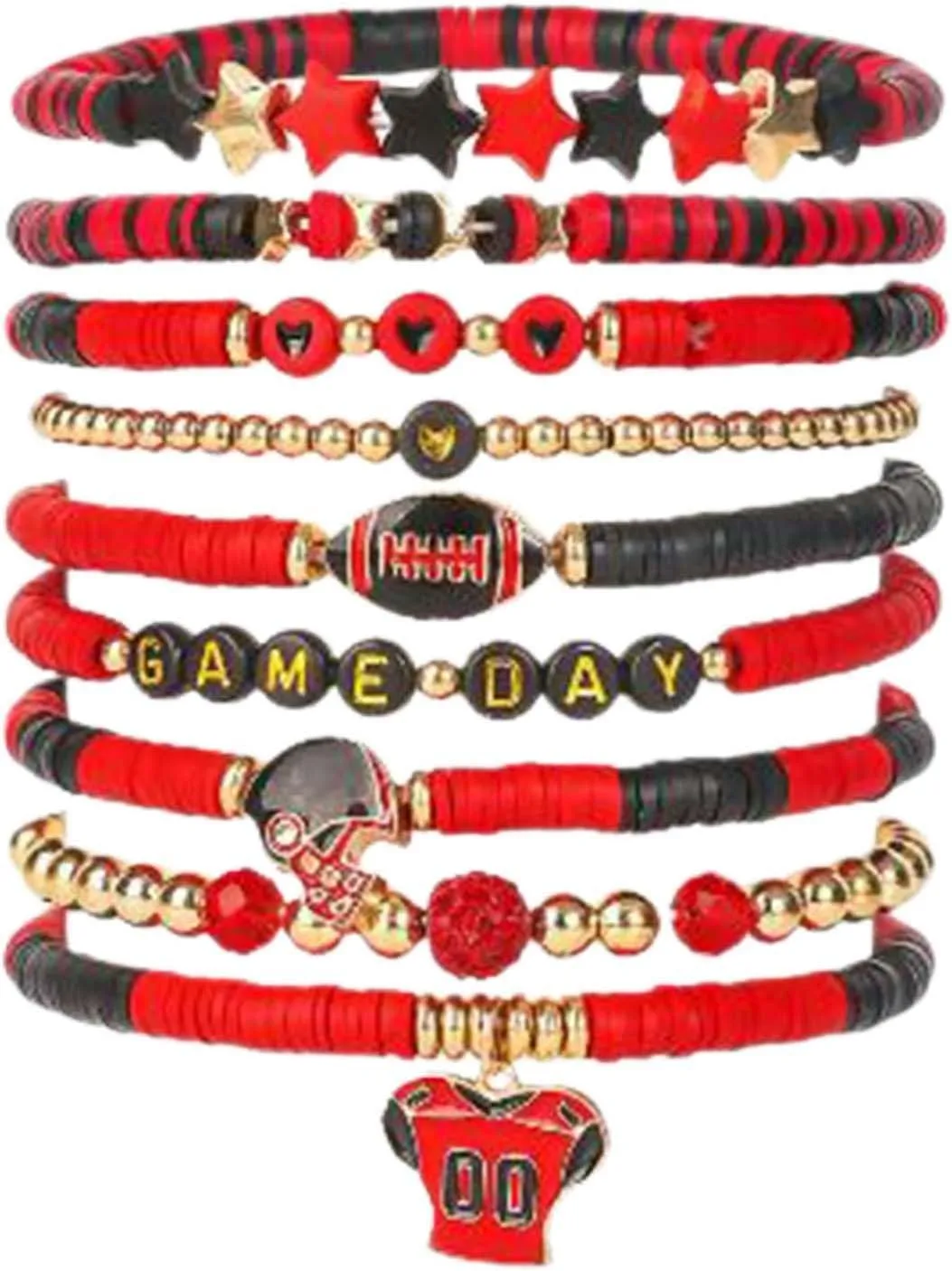 Sterling Silver Bracelets for Women Game Day Bracelets for Women Football Bracelets Red Black Blue Clay Beaded Stretch Bracelets Stackable Sports Football Charm Bracelet Bangles Accessories Outfits