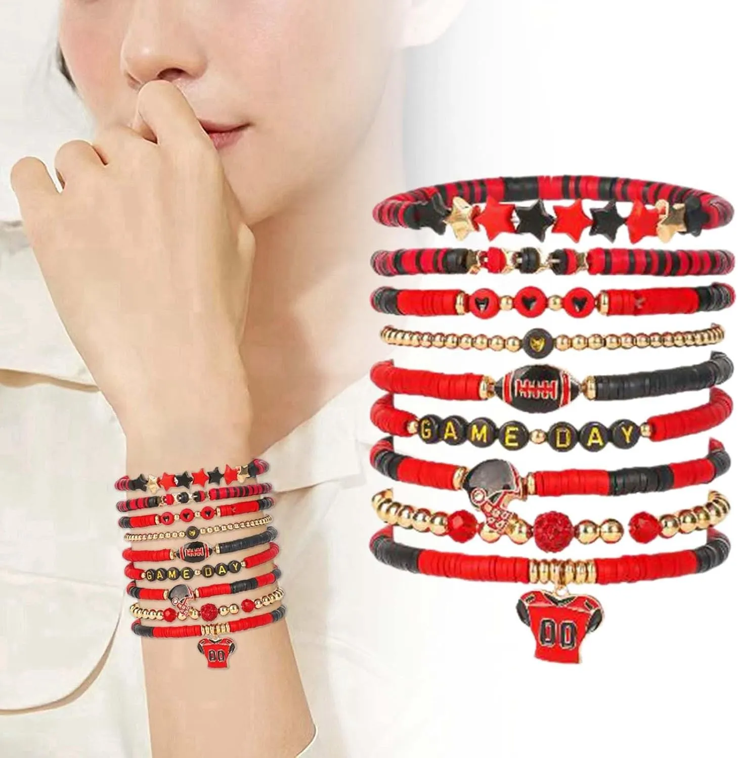Sterling Silver Bracelets for Women Game Day Bracelets for Women Football Bracelets Red Black Blue Clay Beaded Stretch Bracelets Stackable Sports Football Charm Bracelet Bangles Accessories Outfits