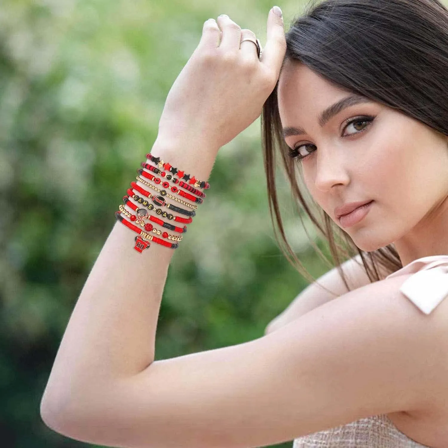 Sterling Silver Bracelets for Women Game Day Bracelets for Women Football Bracelets Red Black Blue Clay Beaded Stretch Bracelets Stackable Sports Football Charm Bracelet Bangles Accessories Outfits