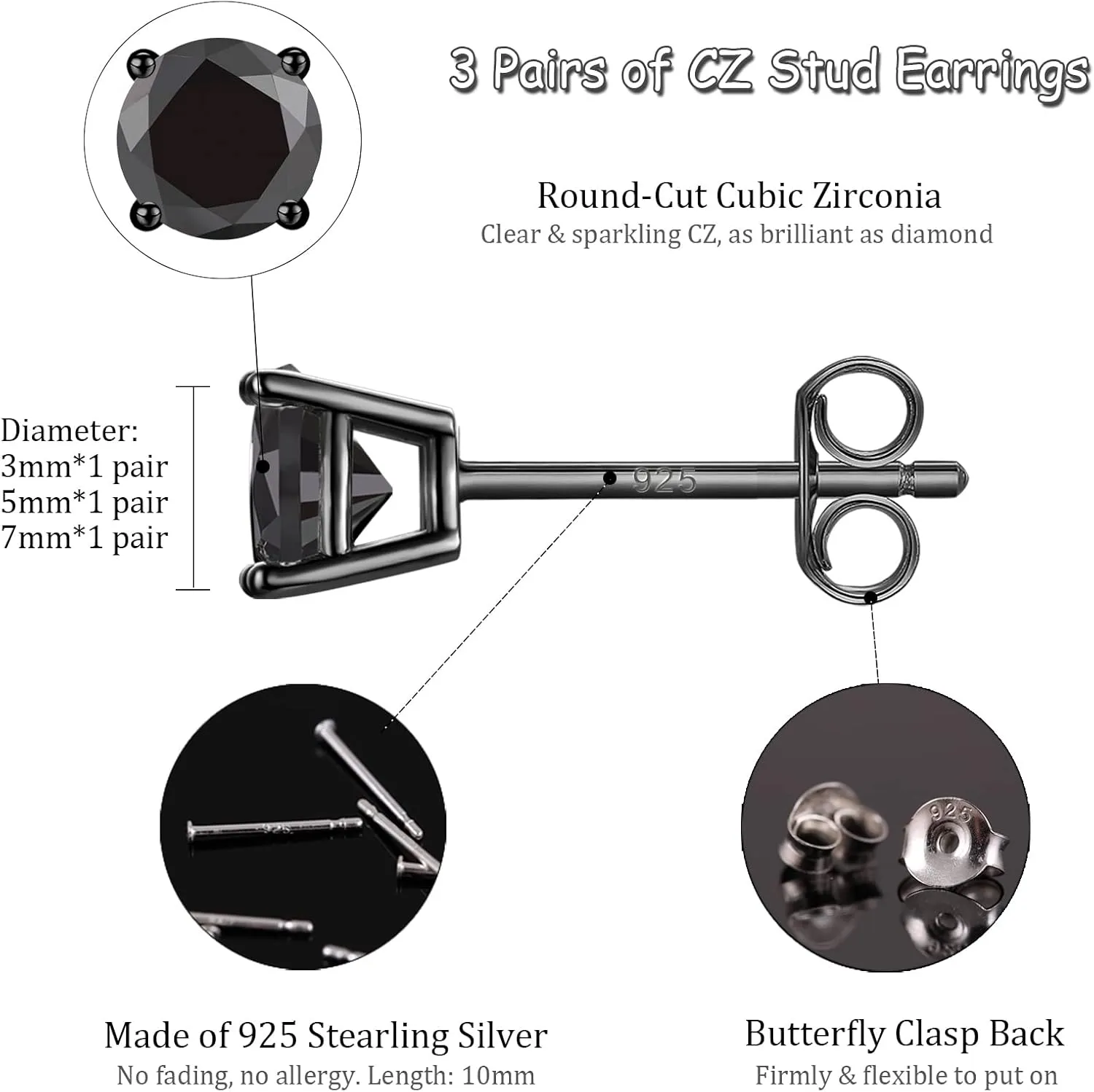 Sterling Silver Stud Earrings for Women- 3 Pairs Tiny CZ Cubic Zirconia Cartilage Earrings Set Small Tragus Earrings