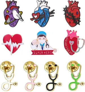 Stethoscope Brooch Pins and Anatomical Heart Pin Set Enamel Lapel Pin Clothing Bags Decoration Brooch for Girls Medical Students Doctor Nurse Gift 10Pcs