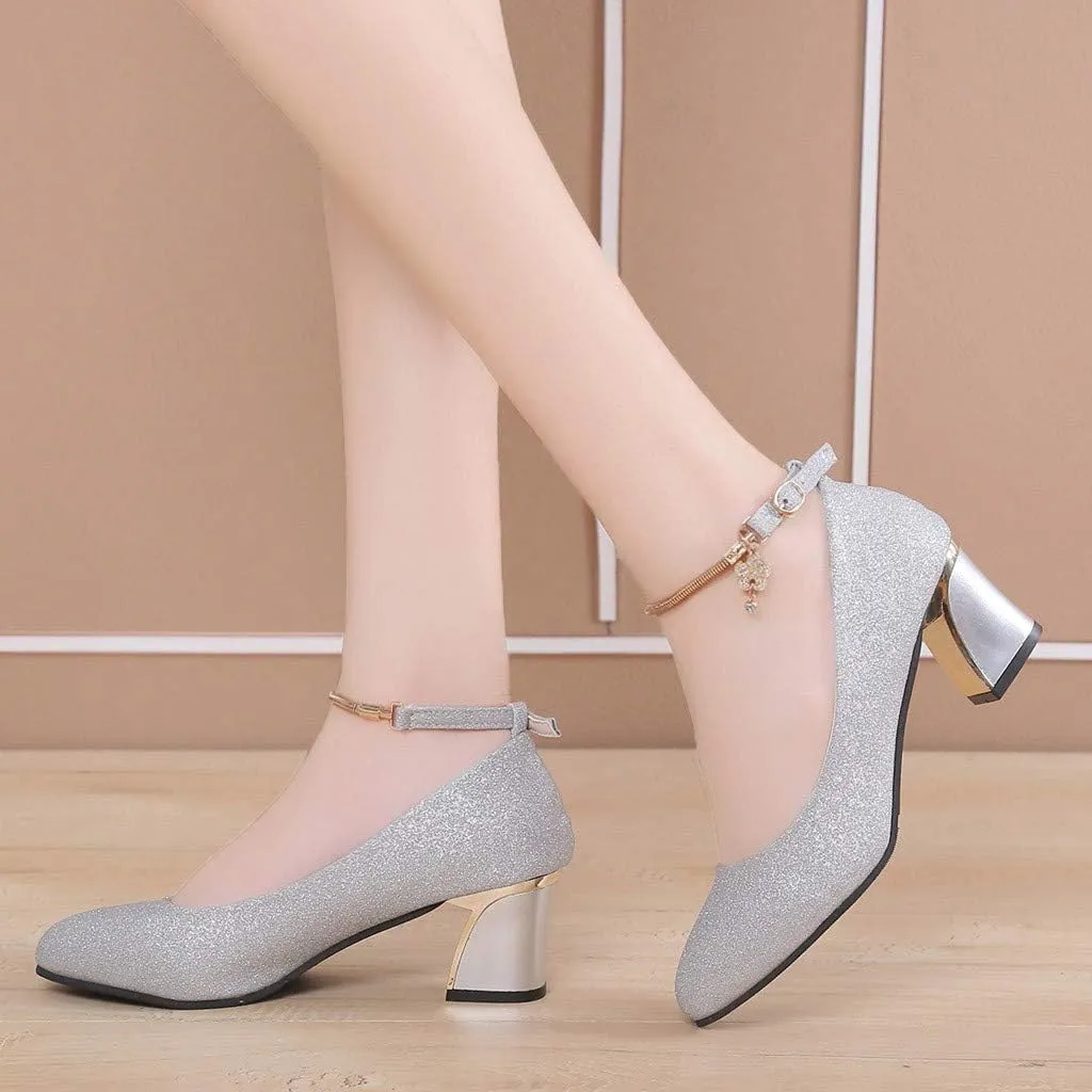 Strappy Heels for Women Mary Jane Dress Shoes Double Strap Closed Round Toe Block High Heel Pumps