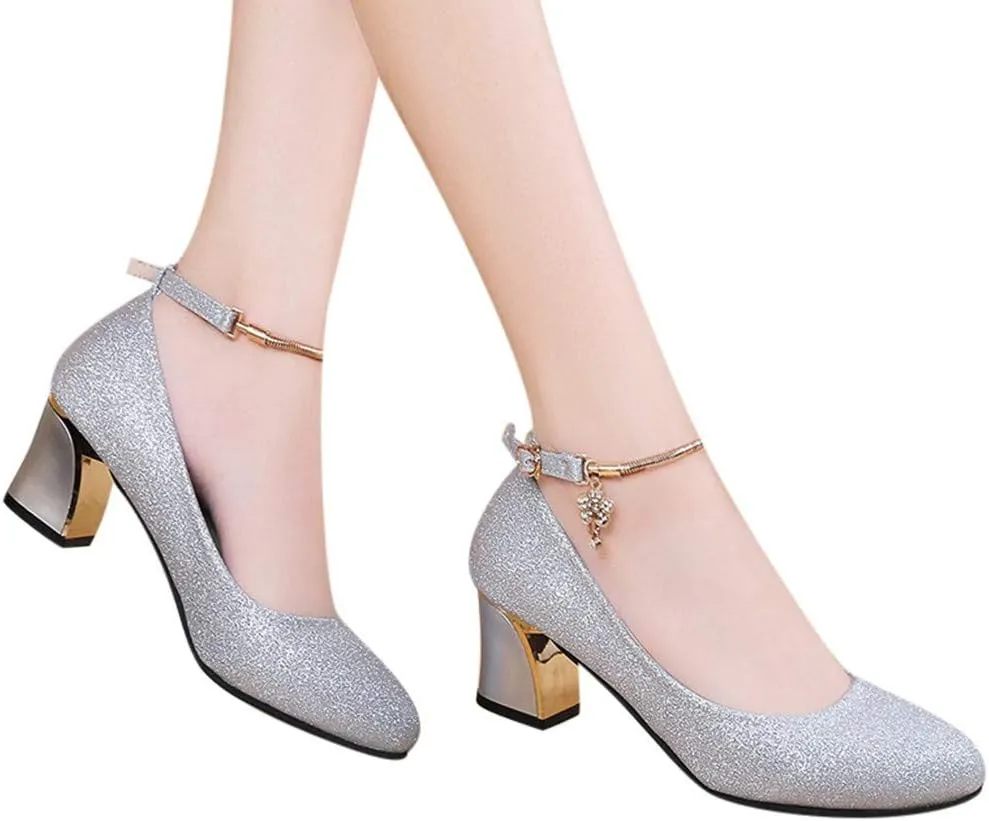 Strappy Heels for Women Mary Jane Dress Shoes Double Strap Closed Round Toe Block High Heel Pumps