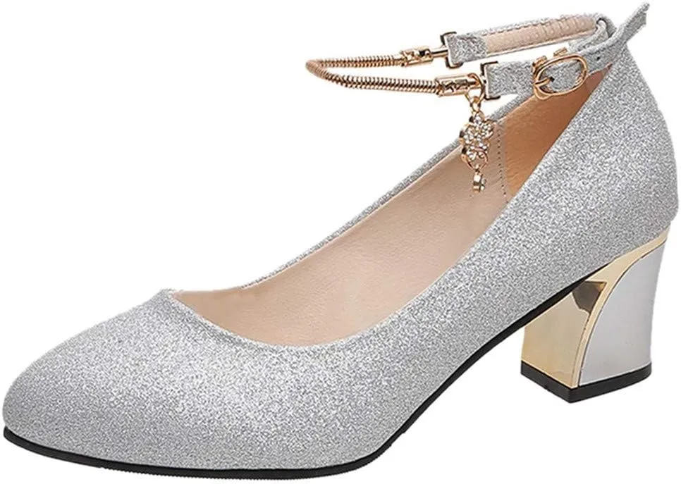 Strappy Heels for Women Mary Jane Dress Shoes Double Strap Closed Round Toe Block High Heel Pumps
