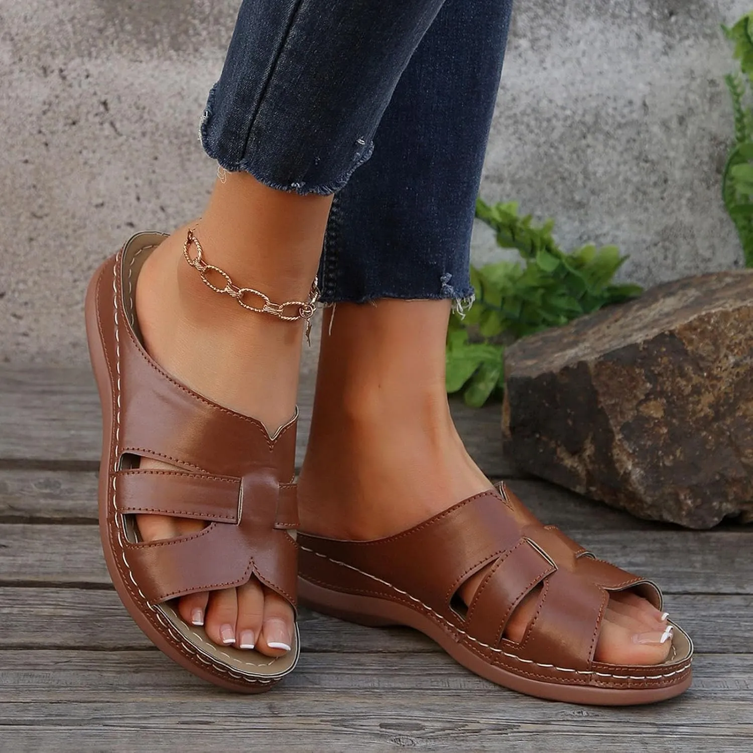 SuanlaTDS Platform Sandals Womens Wedges Slip On Orthopedic Sandals with Arch Support Wide Width Comfortable Summer Beach Walking Low Heels Wedges Open Toe Outdoor Flat Shoes