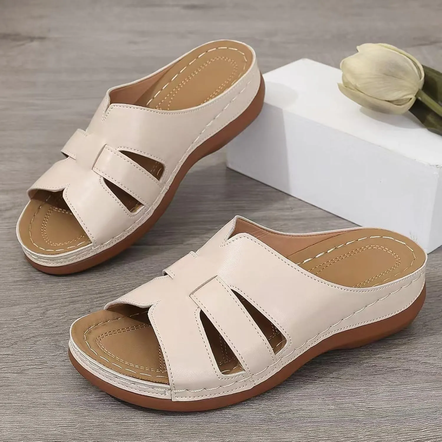 SuanlaTDS Platform Sandals Womens Wedges Slip On Orthopedic Sandals with Arch Support Wide Width Comfortable Summer Beach Walking Low Heels Wedges Open Toe Outdoor Flat Shoes