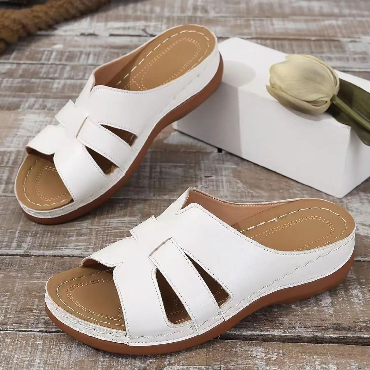 SuanlaTDS Platform Sandals Womens Wedges Slip On Orthopedic Sandals with Arch Support Wide Width Comfortable Summer Beach Walking Low Heels Wedges Open Toe Outdoor Flat Shoes