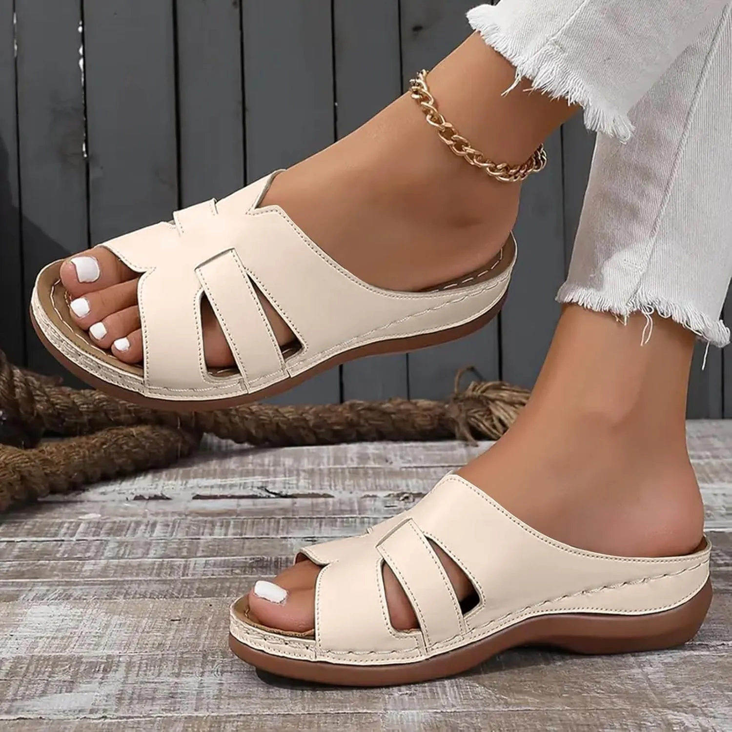 SuanlaTDS Platform Sandals Womens Wedges Slip On Orthopedic Sandals with Arch Support Wide Width Comfortable Summer Beach Walking Low Heels Wedges Open Toe Outdoor Flat Shoes