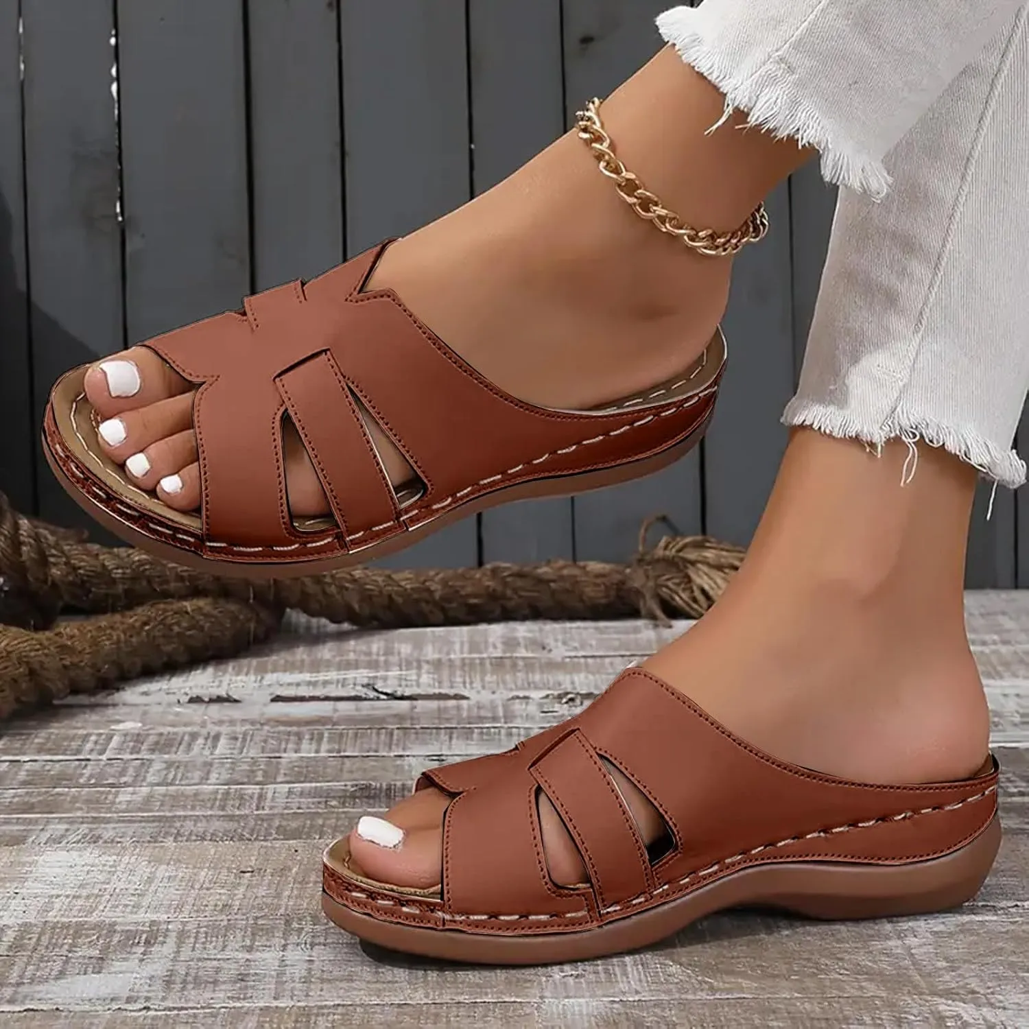 SuanlaTDS Platform Sandals Womens Wedges Slip On Orthopedic Sandals with Arch Support Wide Width Comfortable Summer Beach Walking Low Heels Wedges Open Toe Outdoor Flat Shoes