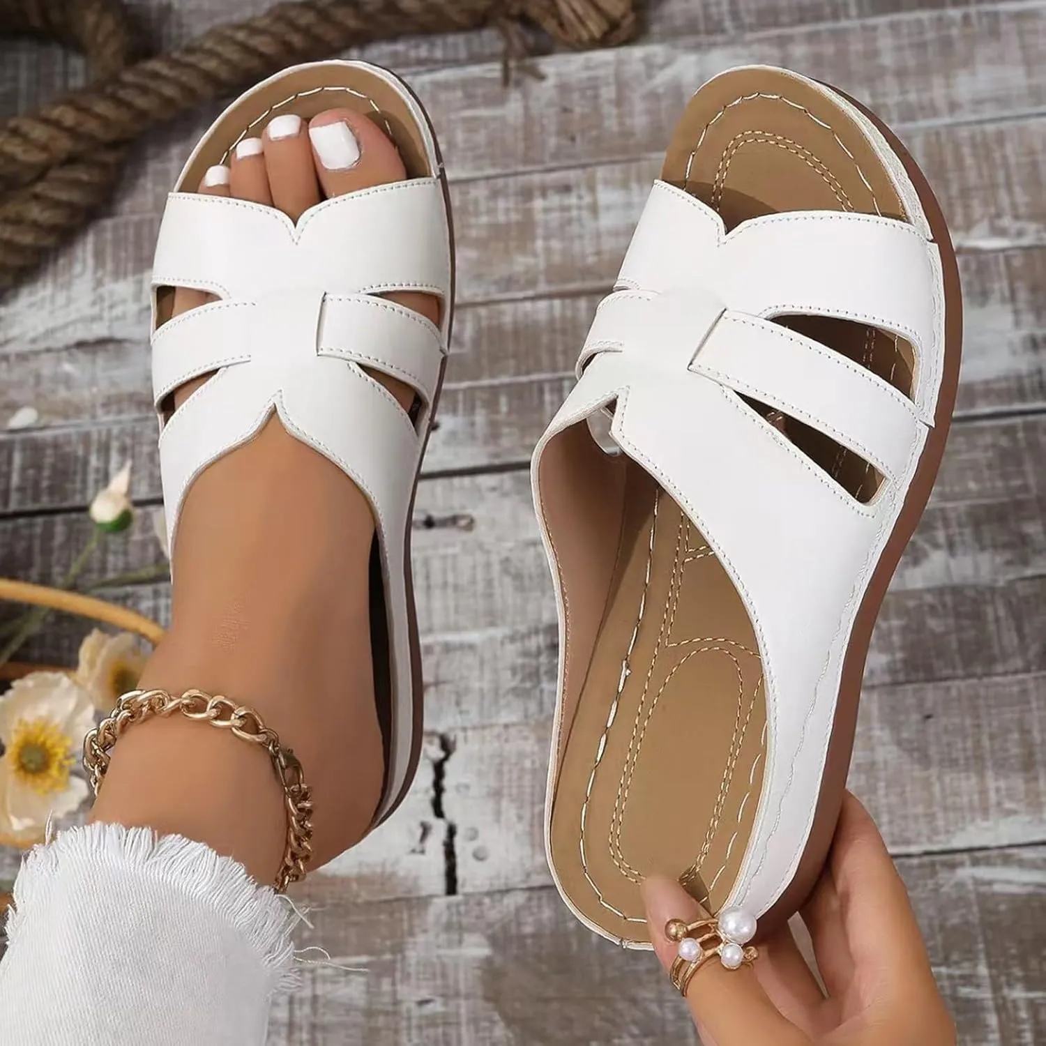 SuanlaTDS Platform Sandals Womens Wedges Slip On Orthopedic Sandals with Arch Support Wide Width Comfortable Summer Beach Walking Low Heels Wedges Open Toe Outdoor Flat Shoes