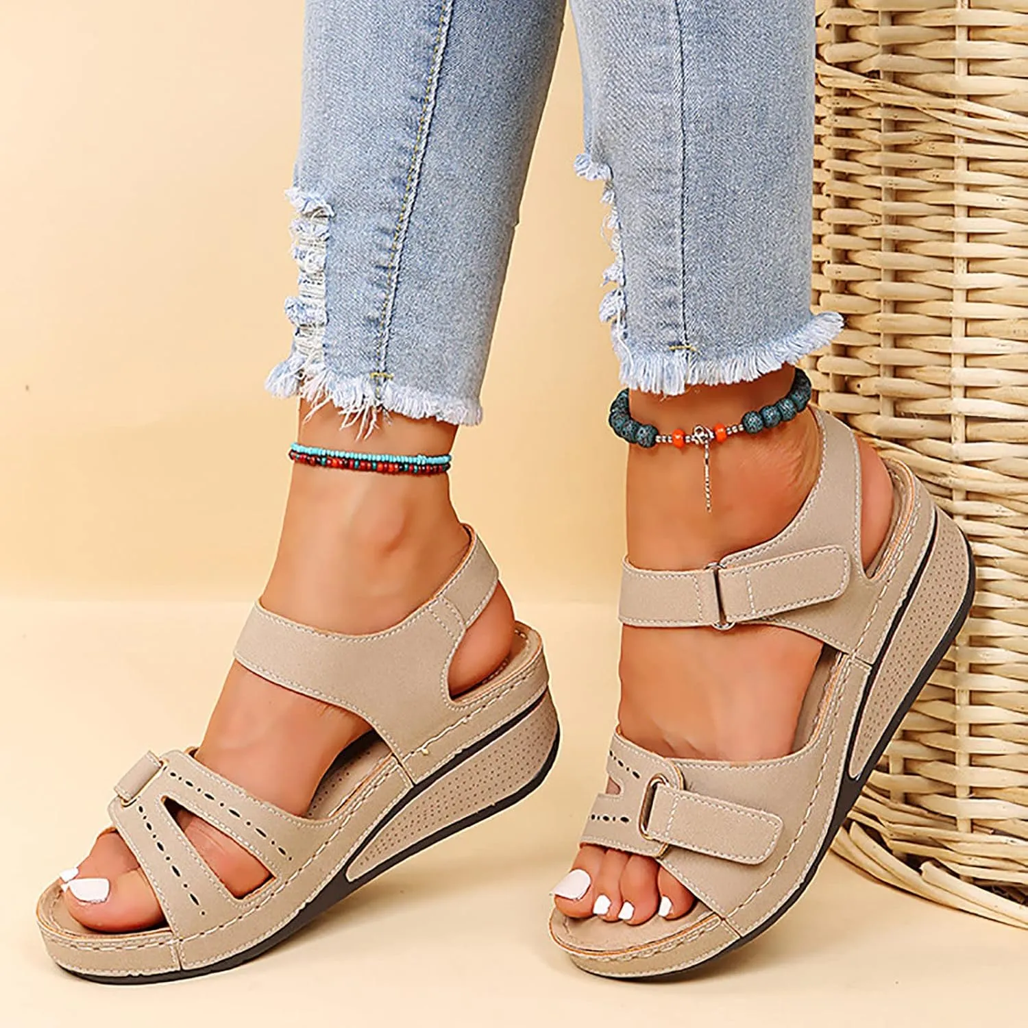 Summer 2025 Dressy Comfortable Walking Sandals with Arch Support Wedge Sandals Soft Beach Sandals for Women in Black, One Size Fits Most