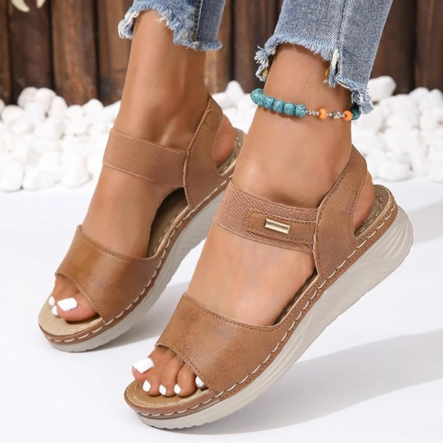Summer 2025 Dressy Comfortable Walking Sandals with Arch Support Wedge Sandals Soft Beach Sandals for Women in Black, One Size Fits Most