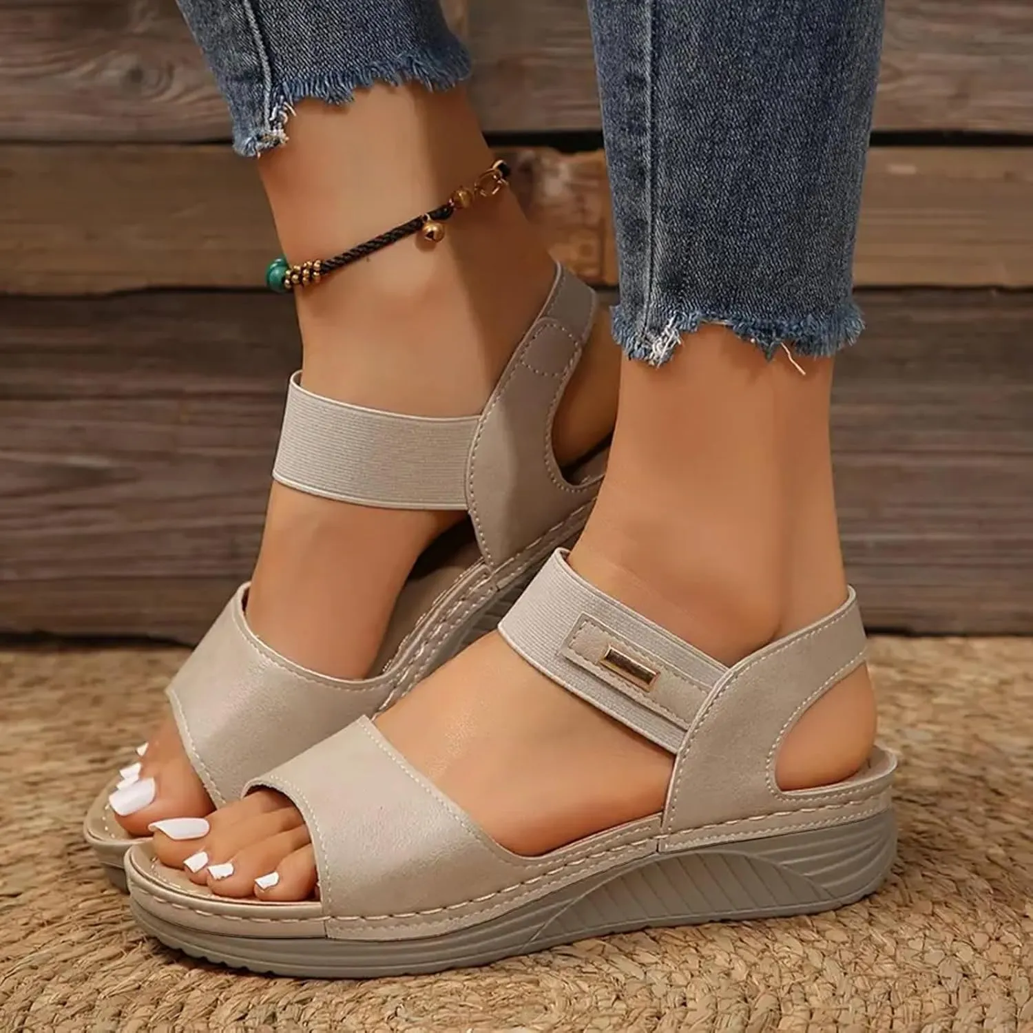 Summer 2025 Dressy Comfortable Walking Sandals with Arch Support Wedge Sandals Soft Beach Sandals for Women in Black, One Size Fits Most