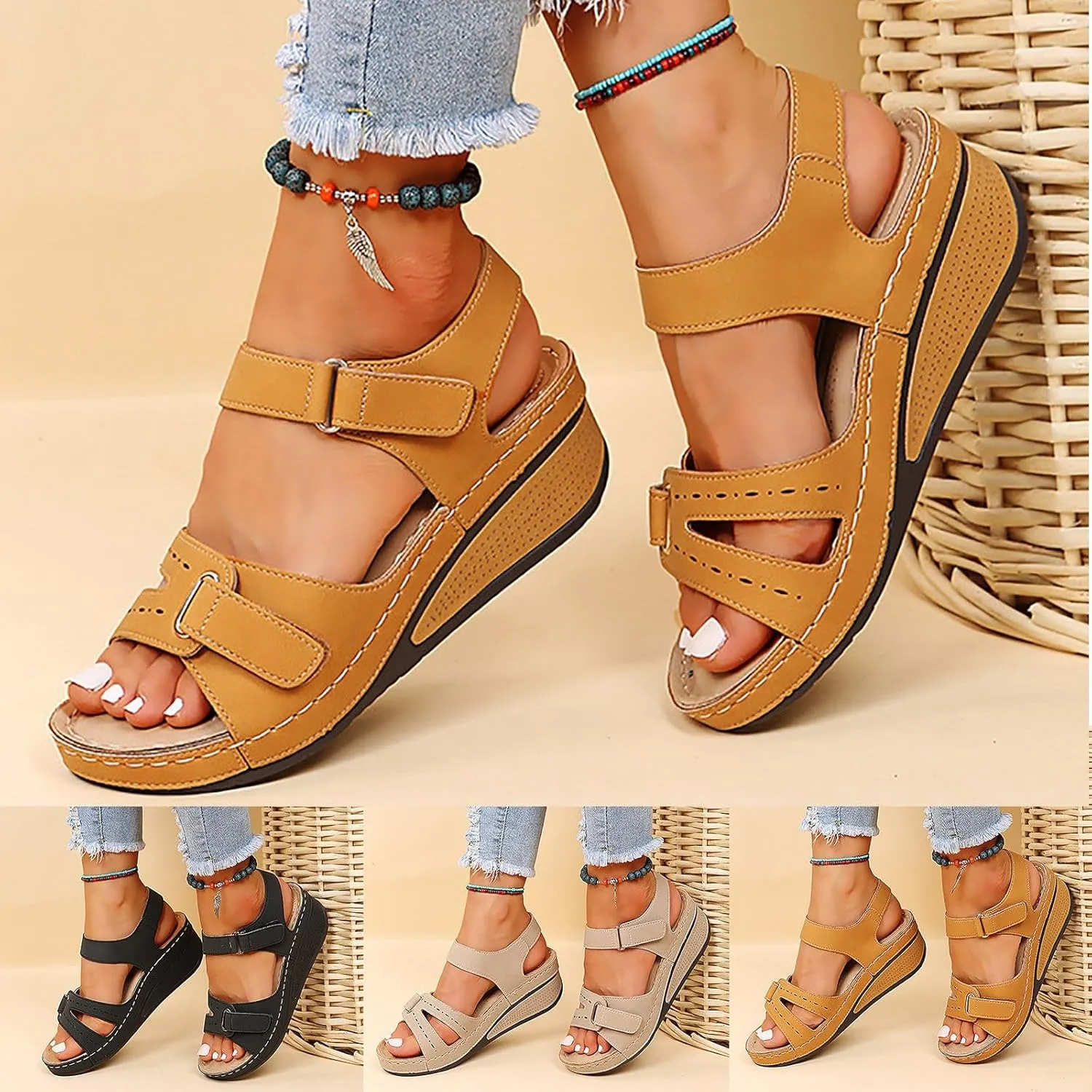 Summer 2025 Dressy Comfortable Walking Sandals with Arch Support Wedge Sandals Soft Beach Sandals for Women in Black, One Size Fits Most