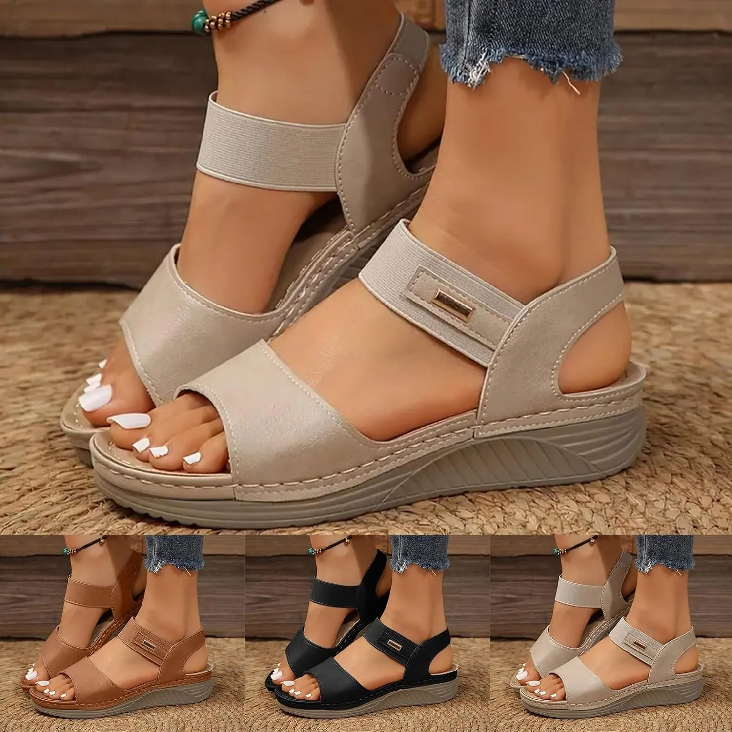 Summer 2025 Dressy Comfortable Walking Sandals with Arch Support Wedge Sandals Soft Beach Sandals for Women in Black, One Size Fits Most