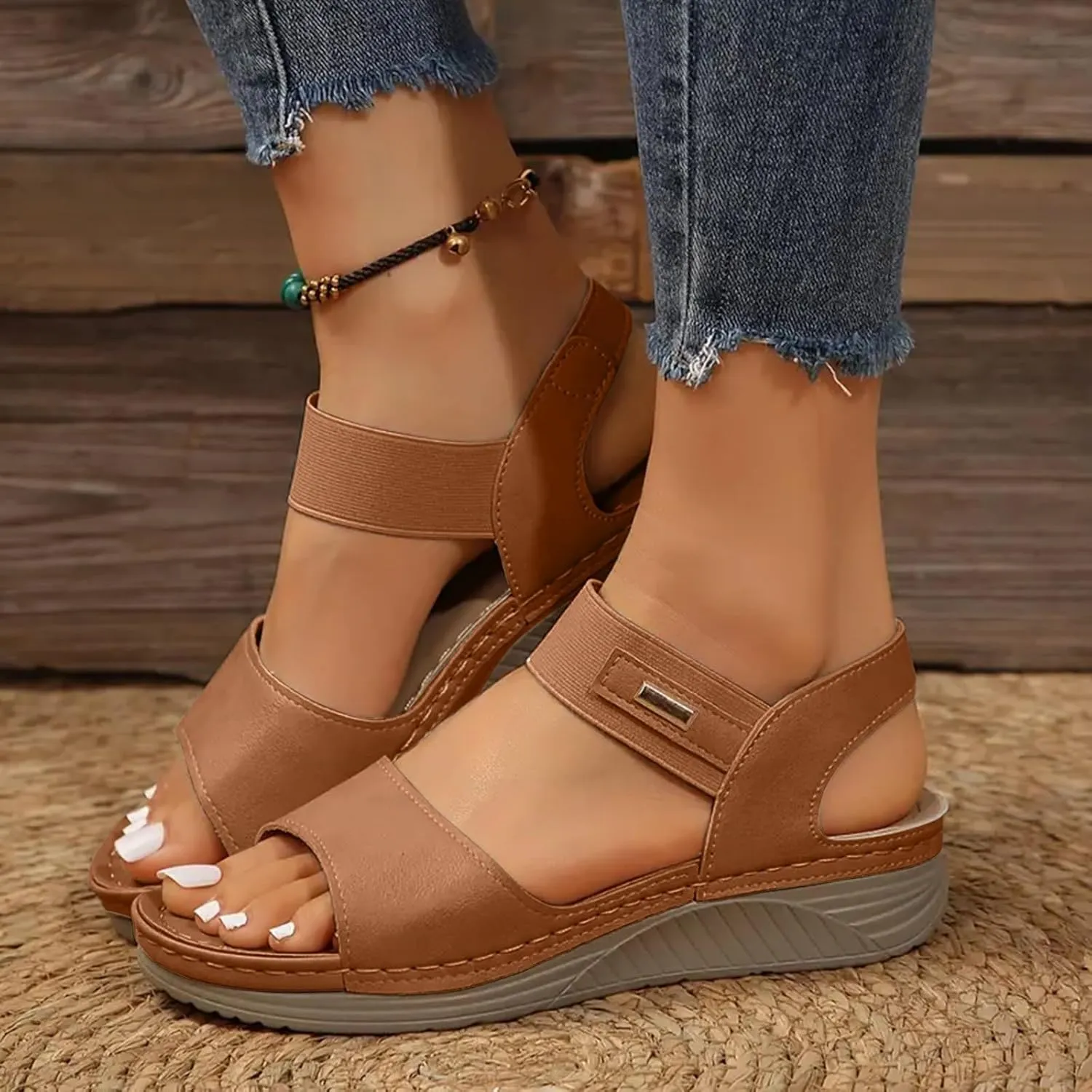 Summer 2025 Dressy Comfortable Walking Sandals with Arch Support Wedge Sandals Soft Beach Sandals for Women in Black, One Size Fits Most