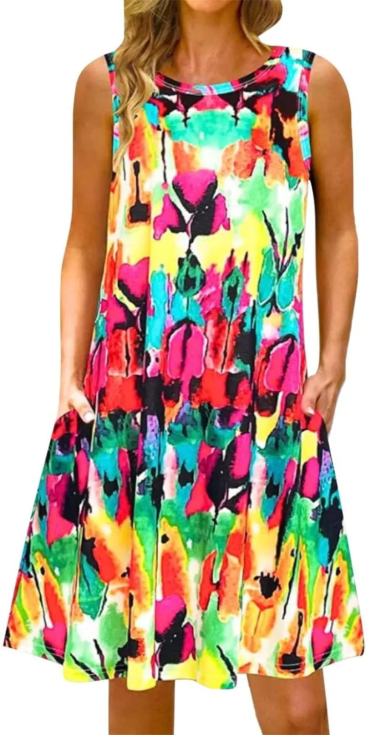 Summer Dresses for Women 2024 Womens Crew Neck Tank Dress Loose Sleeveless Mini Dress Flowy Beach Sundress