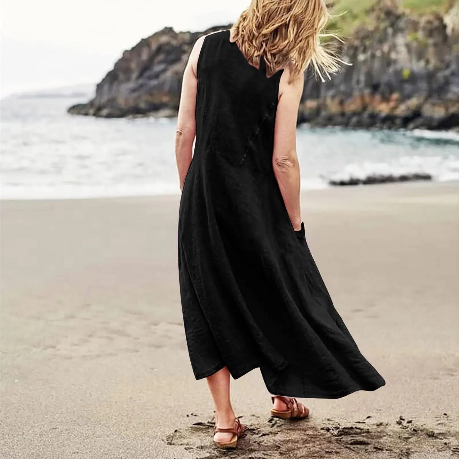 Summer Dresses for Women 2025 Casual Boho Sundress Crew Neck Sleeveless Beach Vacation Maxi Dresses with Pockets
