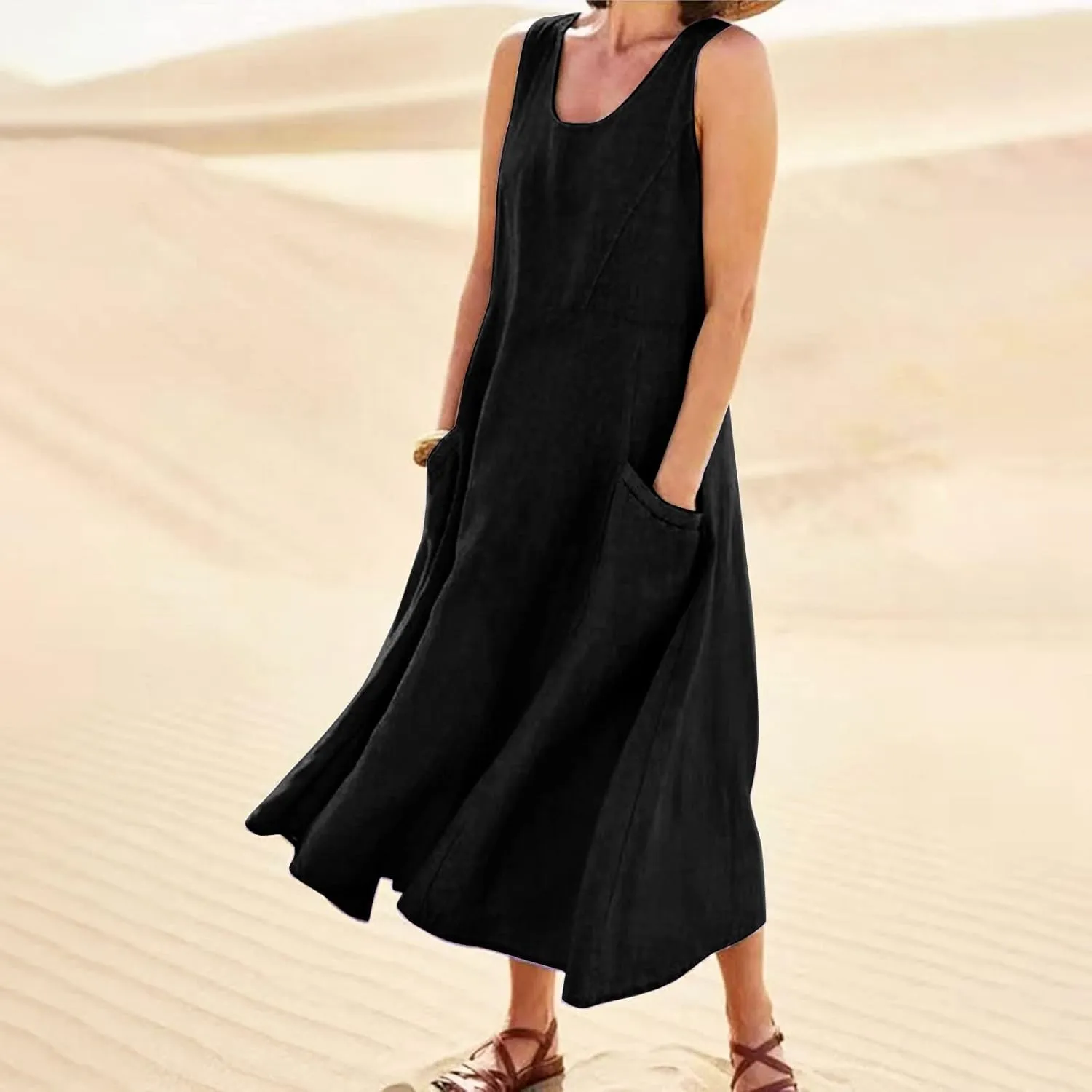 Summer Dresses for Women 2025 Casual Boho Sundress Crew Neck Sleeveless Beach Vacation Maxi Dresses with Pockets