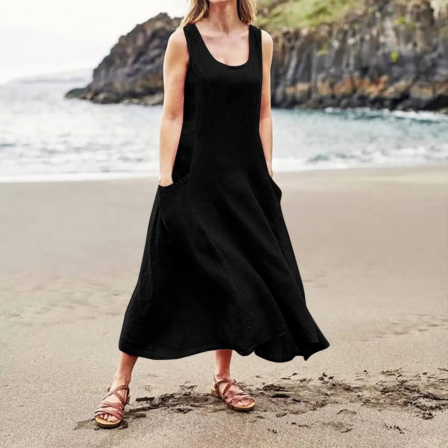 Summer Dresses for Women 2025 Casual Boho Sundress Crew Neck Sleeveless Beach Vacation Maxi Dresses with Pockets