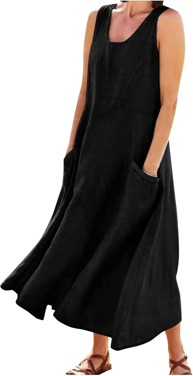 Summer Dresses for Women 2025 Casual Boho Sundress Crew Neck Sleeveless Beach Vacation Maxi Dresses with Pockets