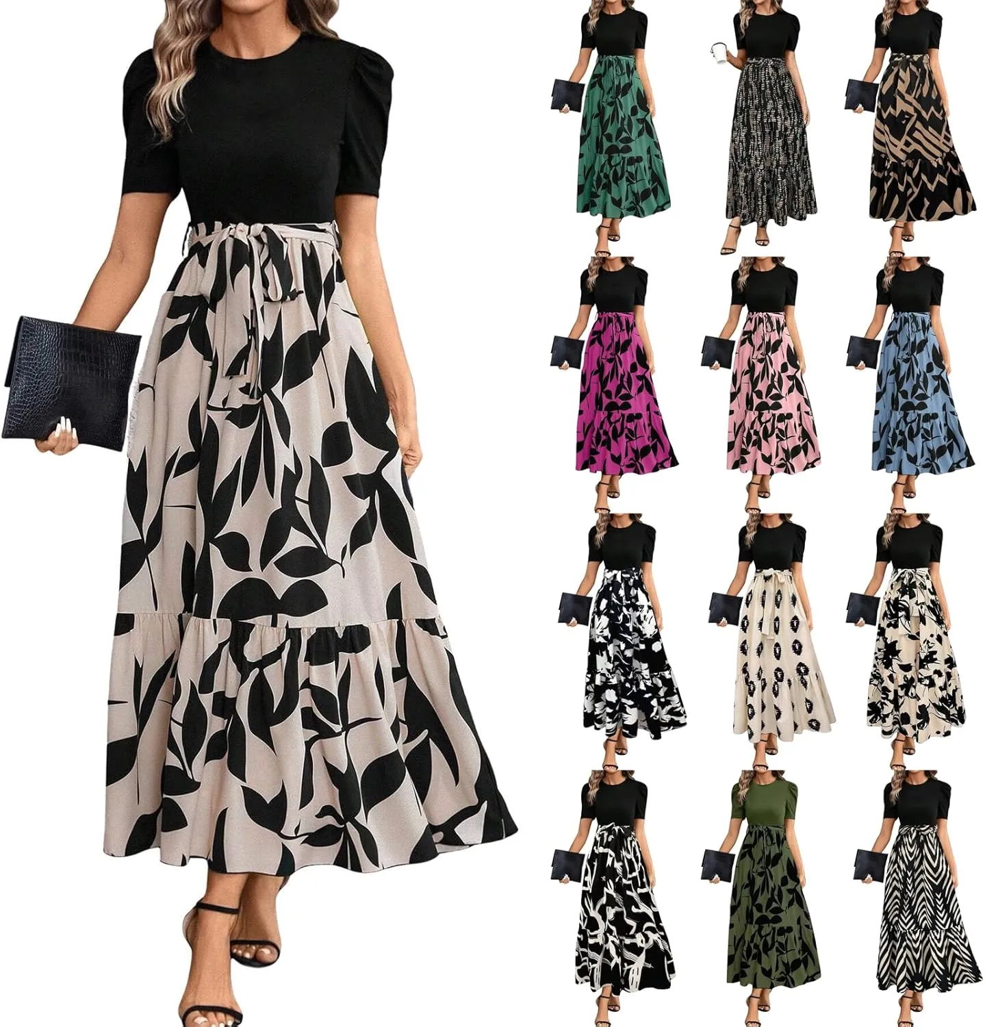 Summer Dresses for Women 2025 Puff Sleeve Empire Waist Flower Maxi Dress Elegant Tiered Long Dressy A Line Dress