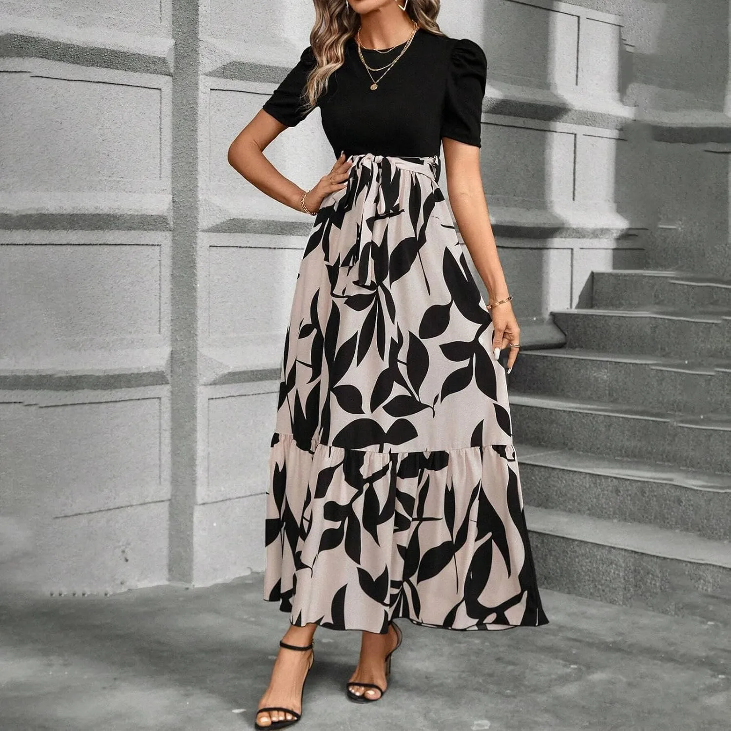 Summer Dresses for Women 2025 Puff Sleeve Empire Waist Flower Maxi Dress Elegant Tiered Long Dressy A Line Dress