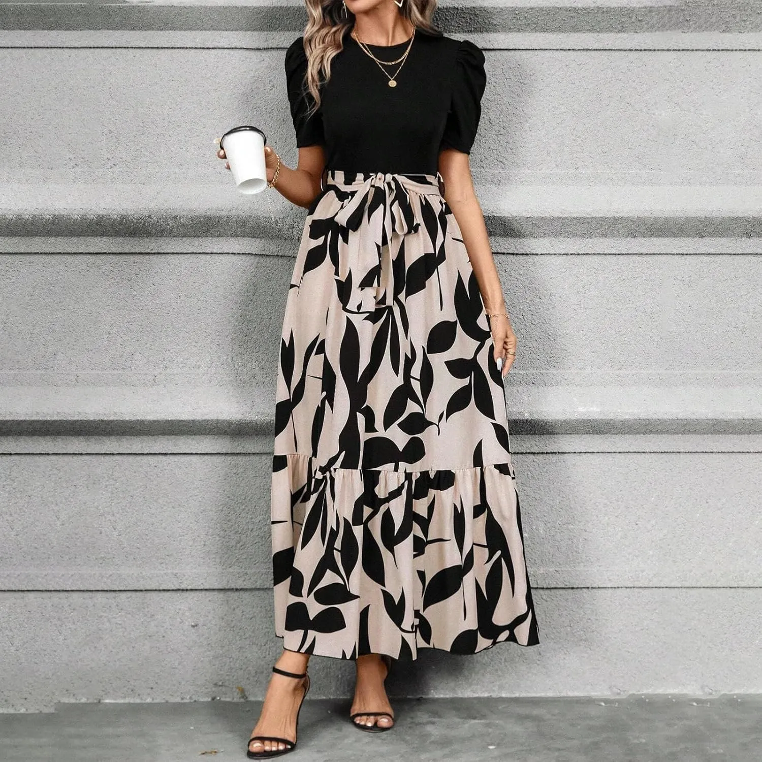 Summer Dresses for Women 2025 Puff Sleeve Empire Waist Flower Maxi Dress Elegant Tiered Long Dressy A Line Dress