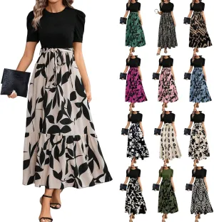 Summer Dresses for Women 2025 Puff Sleeve Empire Waist Flower Maxi Dress Elegant Tiered Long Dressy A Line Dress