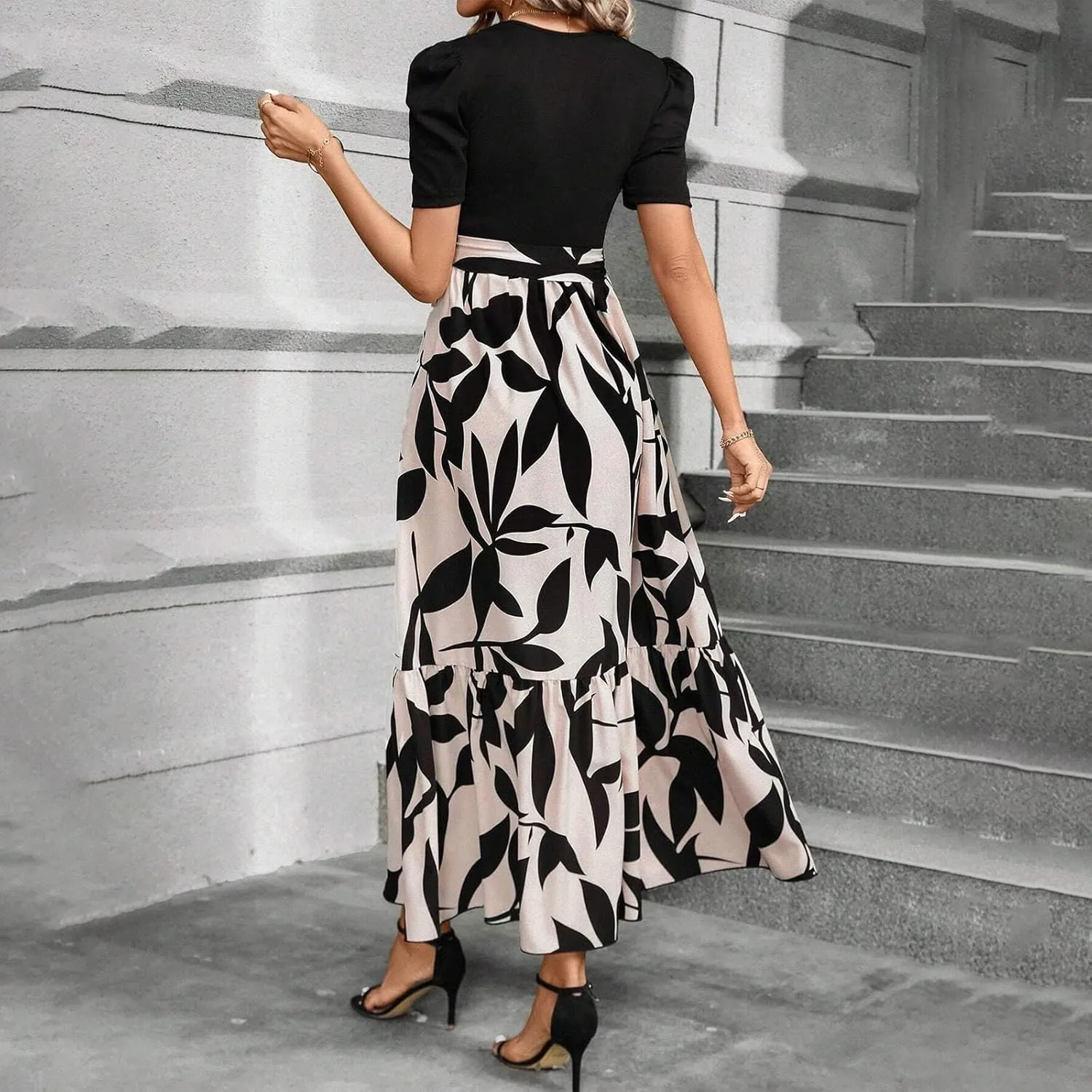 Summer Dresses for Women 2025 Puff Sleeve Empire Waist Flower Maxi Dress Elegant Tiered Long Dressy A Line Dress