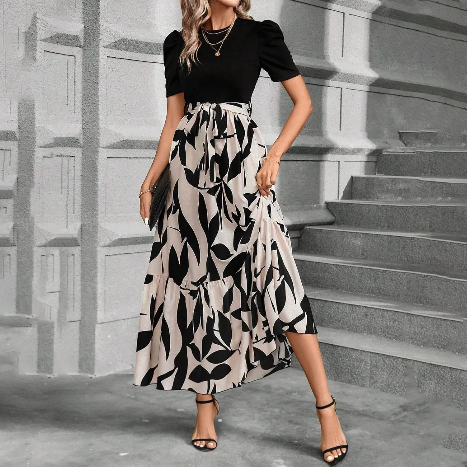 Summer Dresses for Women 2025 Puff Sleeve Empire Waist Flower Maxi Dress Elegant Tiered Long Dressy A Line Dress