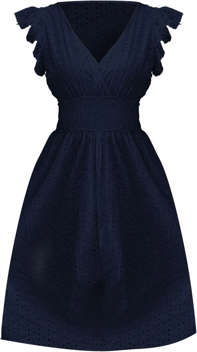 Summer Dresses for Women 2025,Women's Eyelet Embroidered Midi Solid Color Dresses Empire Waist Wrap V Neck A Line Dress