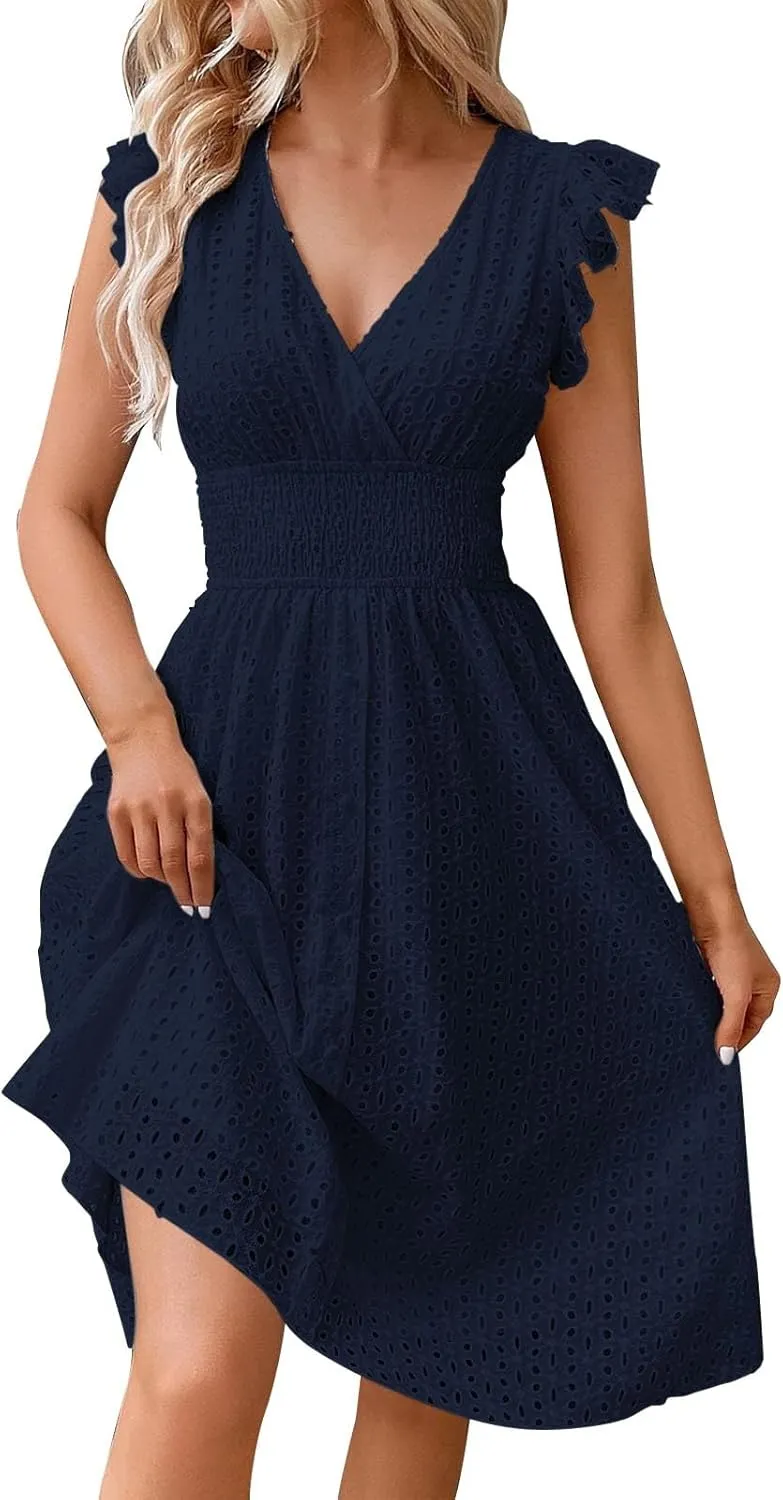 Summer Dresses for Women 2025,Women's Eyelet Embroidered Midi Solid Color Dresses Empire Waist Wrap V Neck A Line Dress