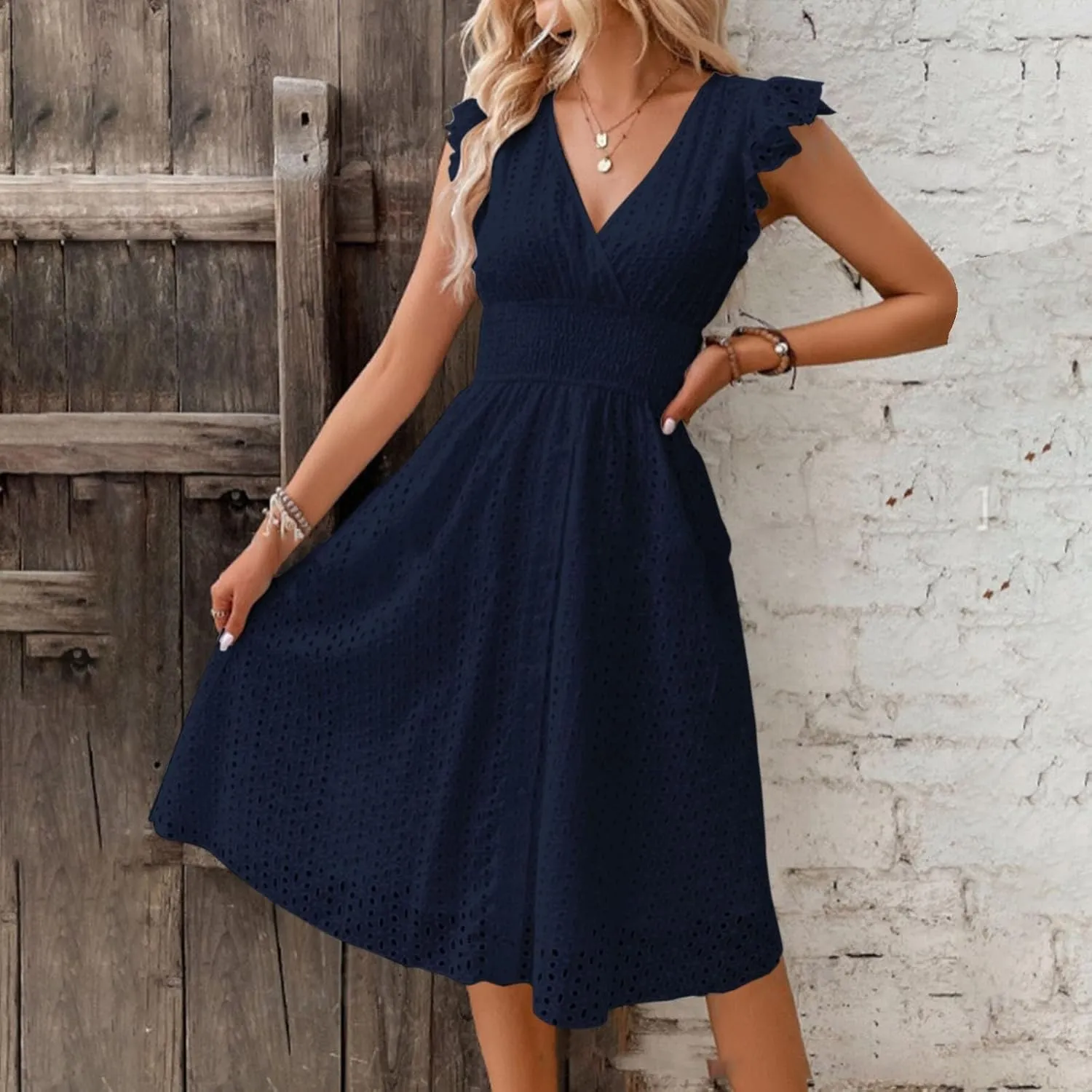 Summer Dresses for Women 2025,Women's Eyelet Embroidered Midi Solid Color Dresses Empire Waist Wrap V Neck A Line Dress