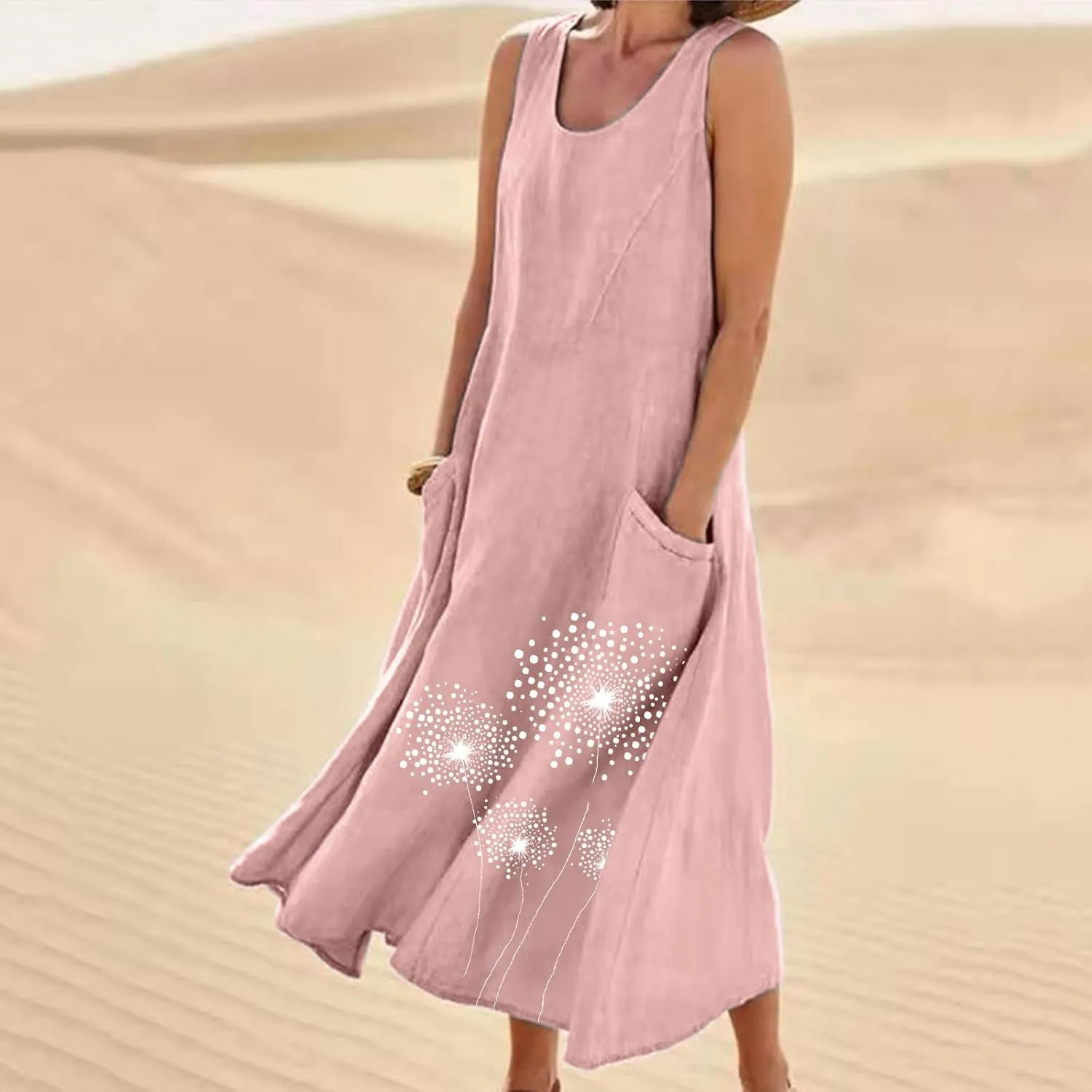 Summer Linen Dresses for Women 2025 Sleeveless Crewneck Print Casual Boho Midi Sundress Beach Vacation Outfit Pockets
