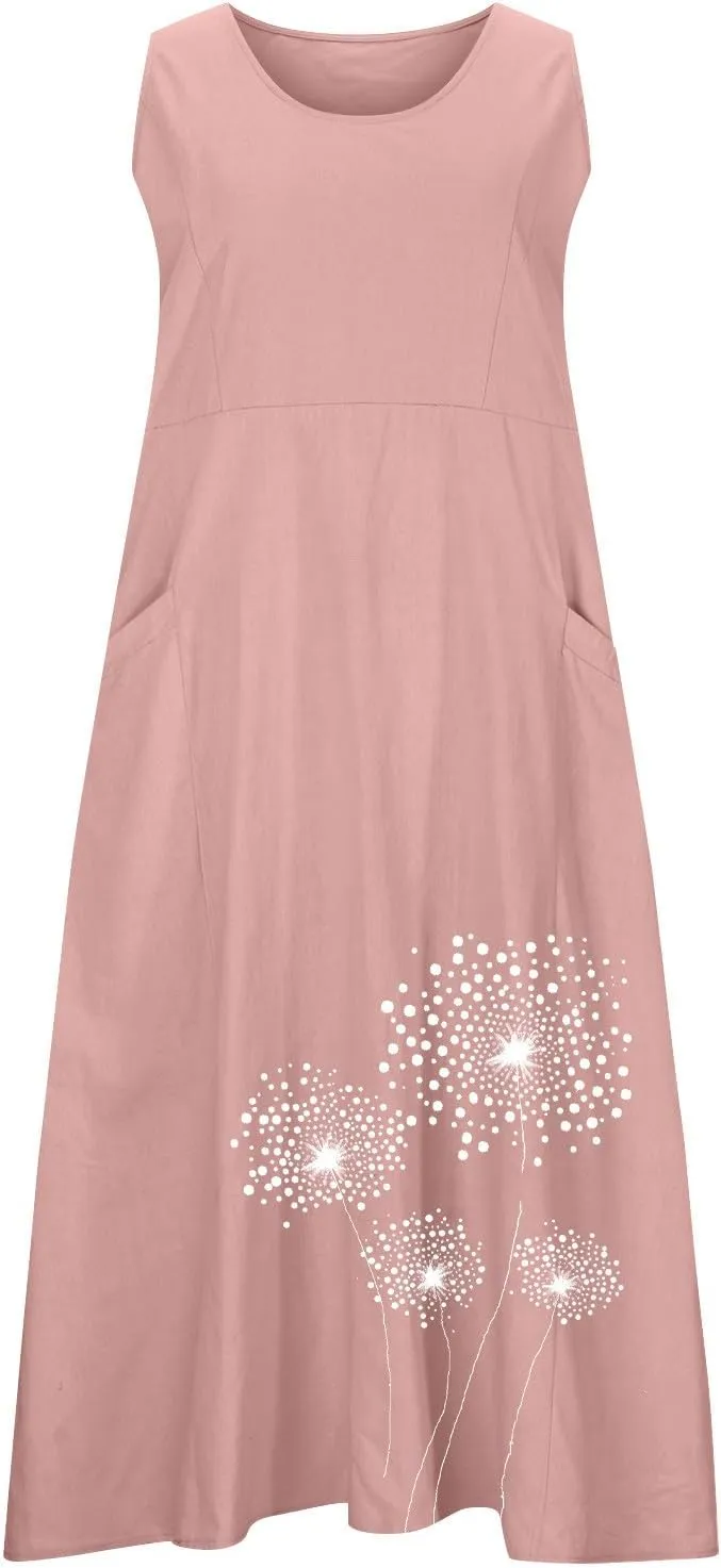 Summer Linen Dresses for Women 2025 Sleeveless Crewneck Print Casual Boho Midi Sundress Beach Vacation Outfit Pockets