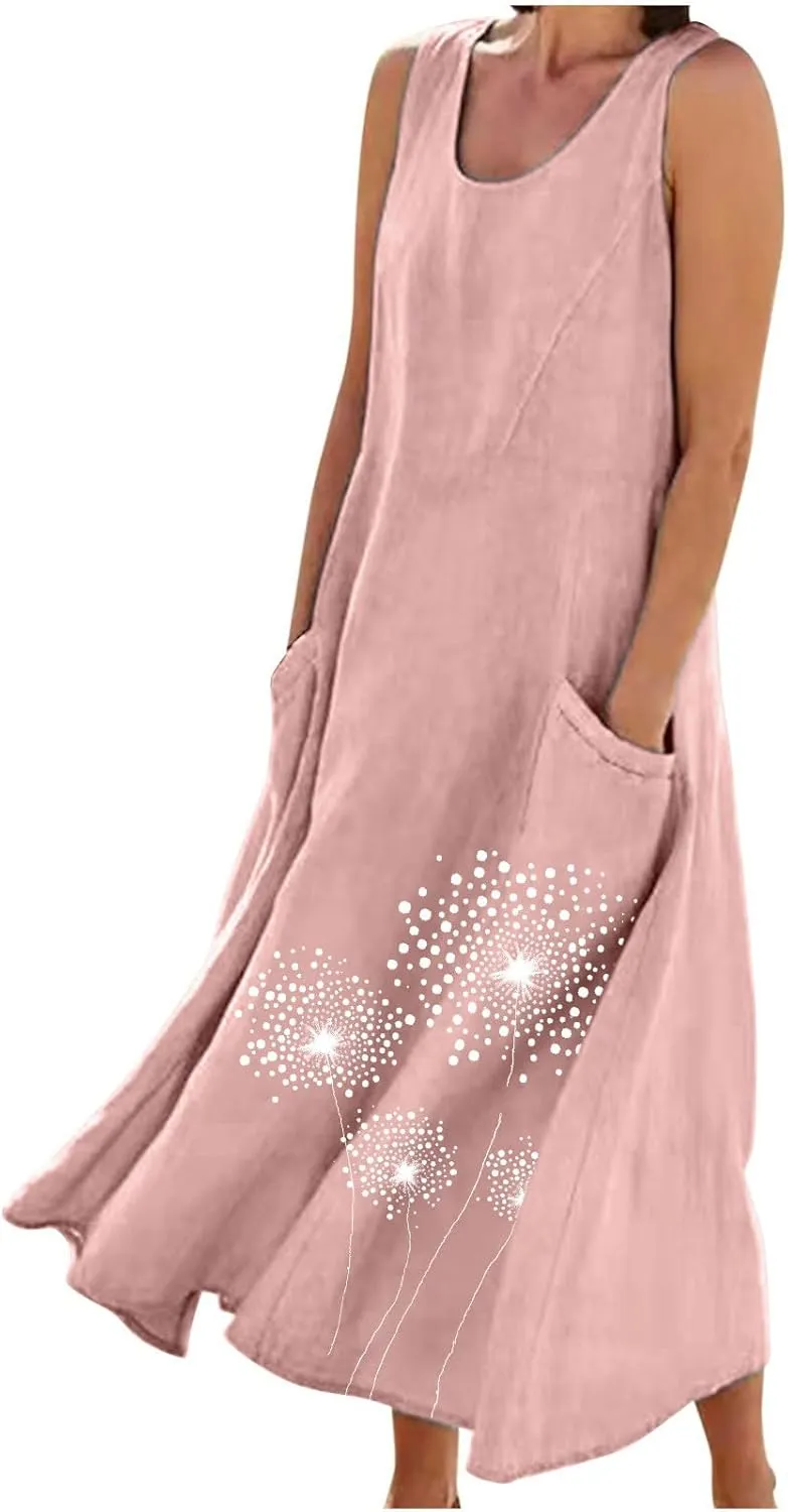 Summer Linen Dresses for Women 2025 Sleeveless Crewneck Print Casual Boho Midi Sundress Beach Vacation Outfit Pockets