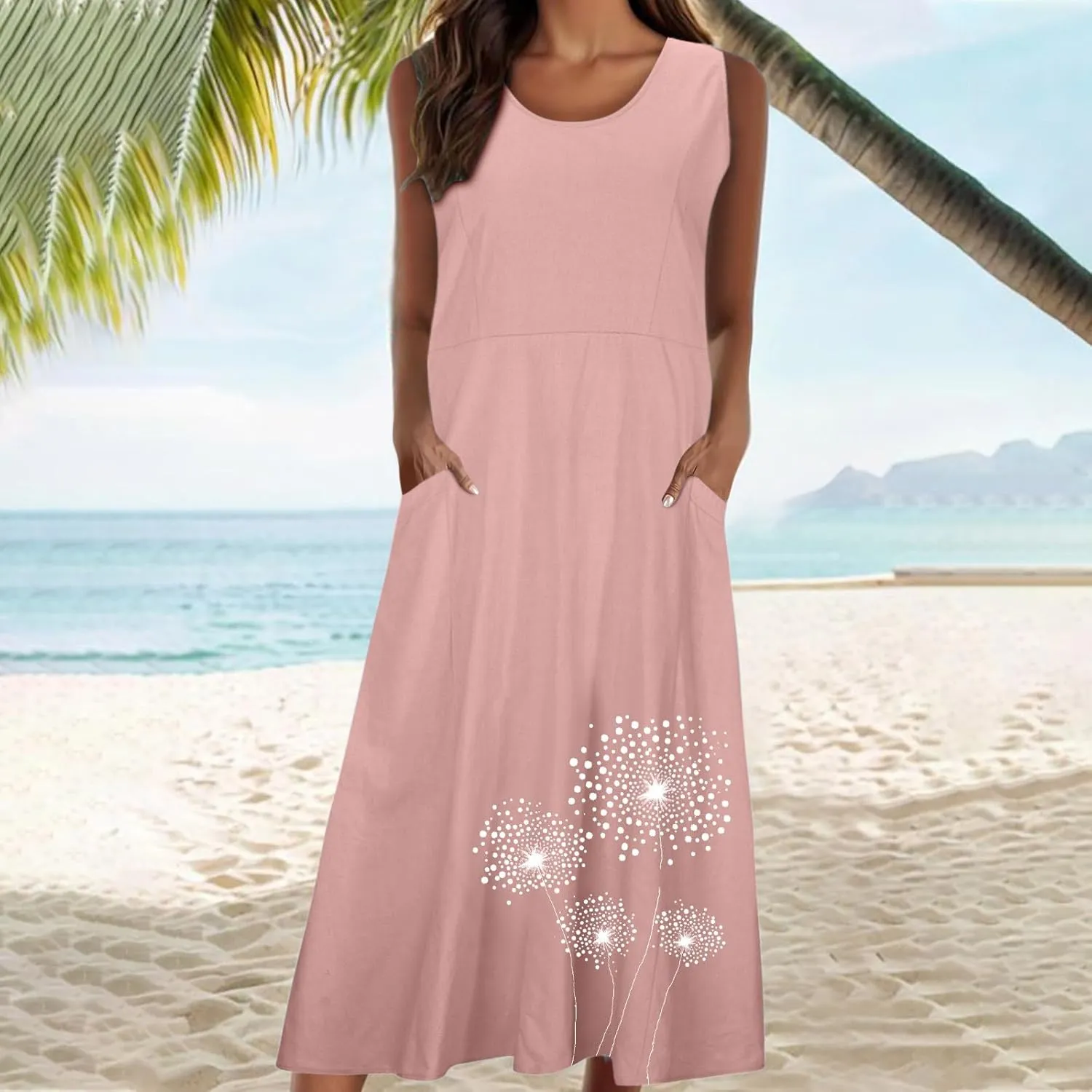 Summer Linen Dresses for Women 2025 Sleeveless Crewneck Print Casual Boho Midi Sundress Beach Vacation Outfit Pockets